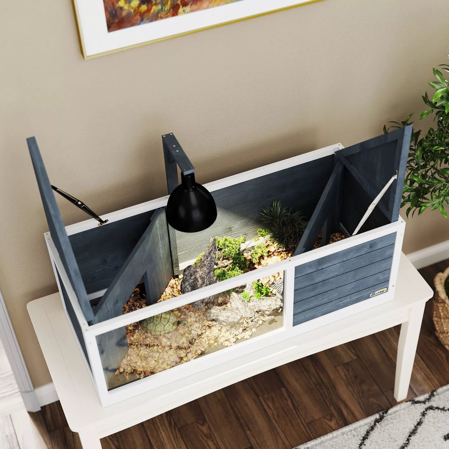 PawHut Bruņurupuču Māja ar Viegli Atveramu Augšu, Lampas Turētāju, Caurspīdīgu Priekšpusi, 120 x 50 x 40 cm, Pelēka