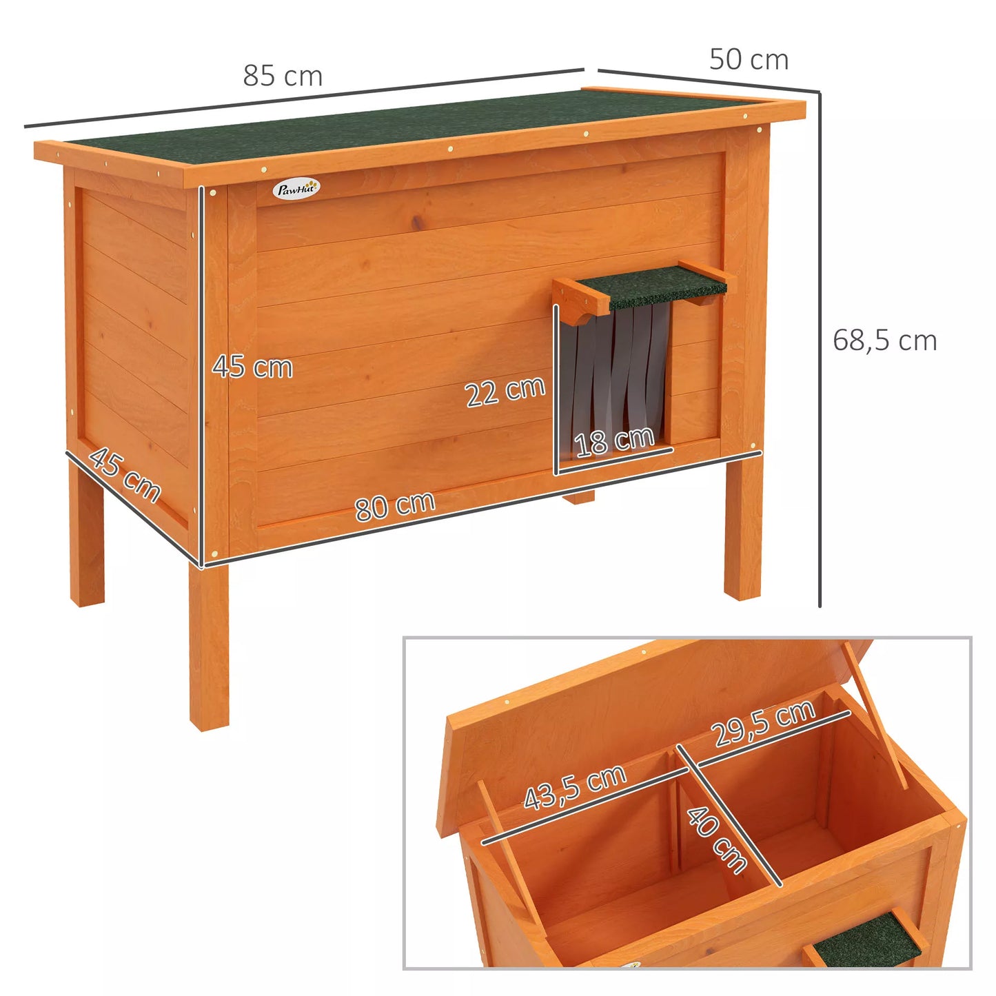 Outdoor cat house, cat hutch, weatherproof, 1 window, 1 entrance, 85 x 50 x 68.5 cm, Orange+Green