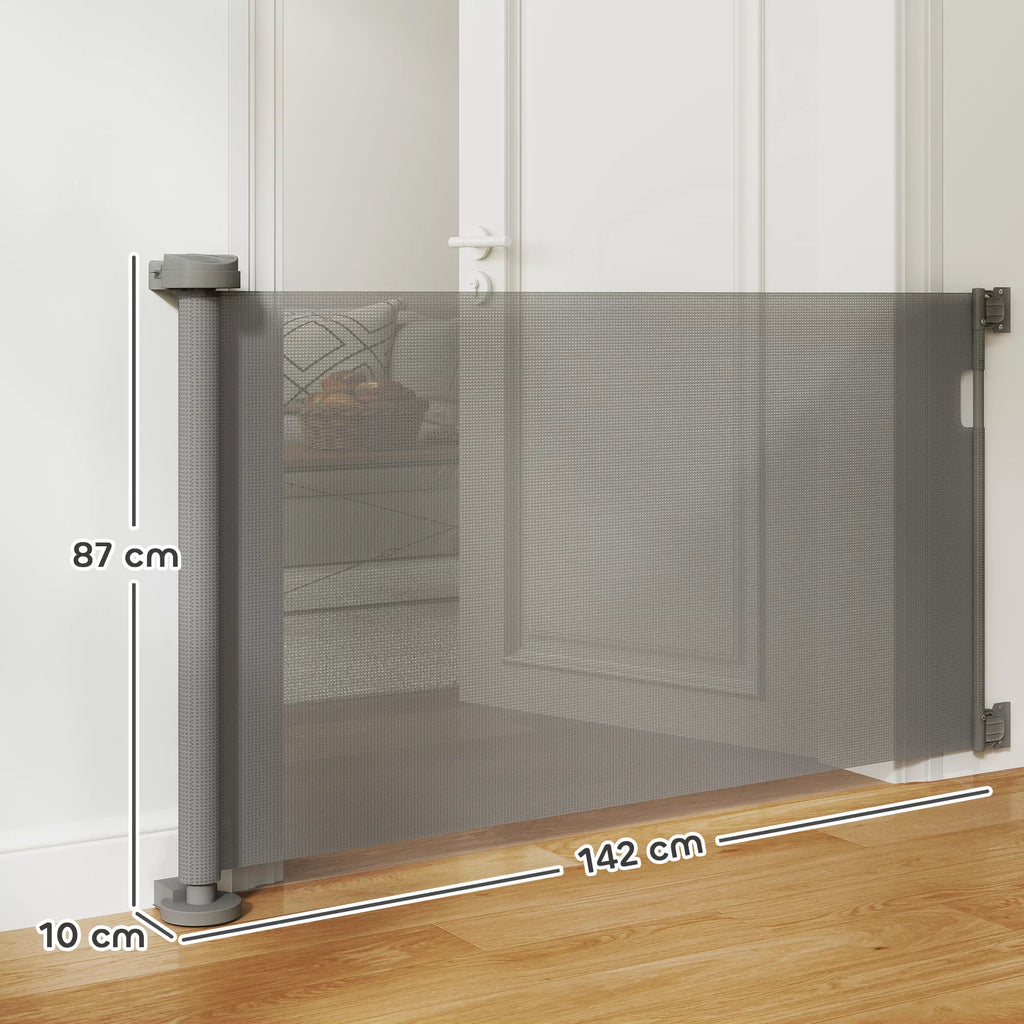 Izvelkami drošības vārtiņi kāpnēm un durvīm, 0-136 cm, 87 cm augsti, dzīvniekiem, 142 x 10 x 87 cm, pelēki