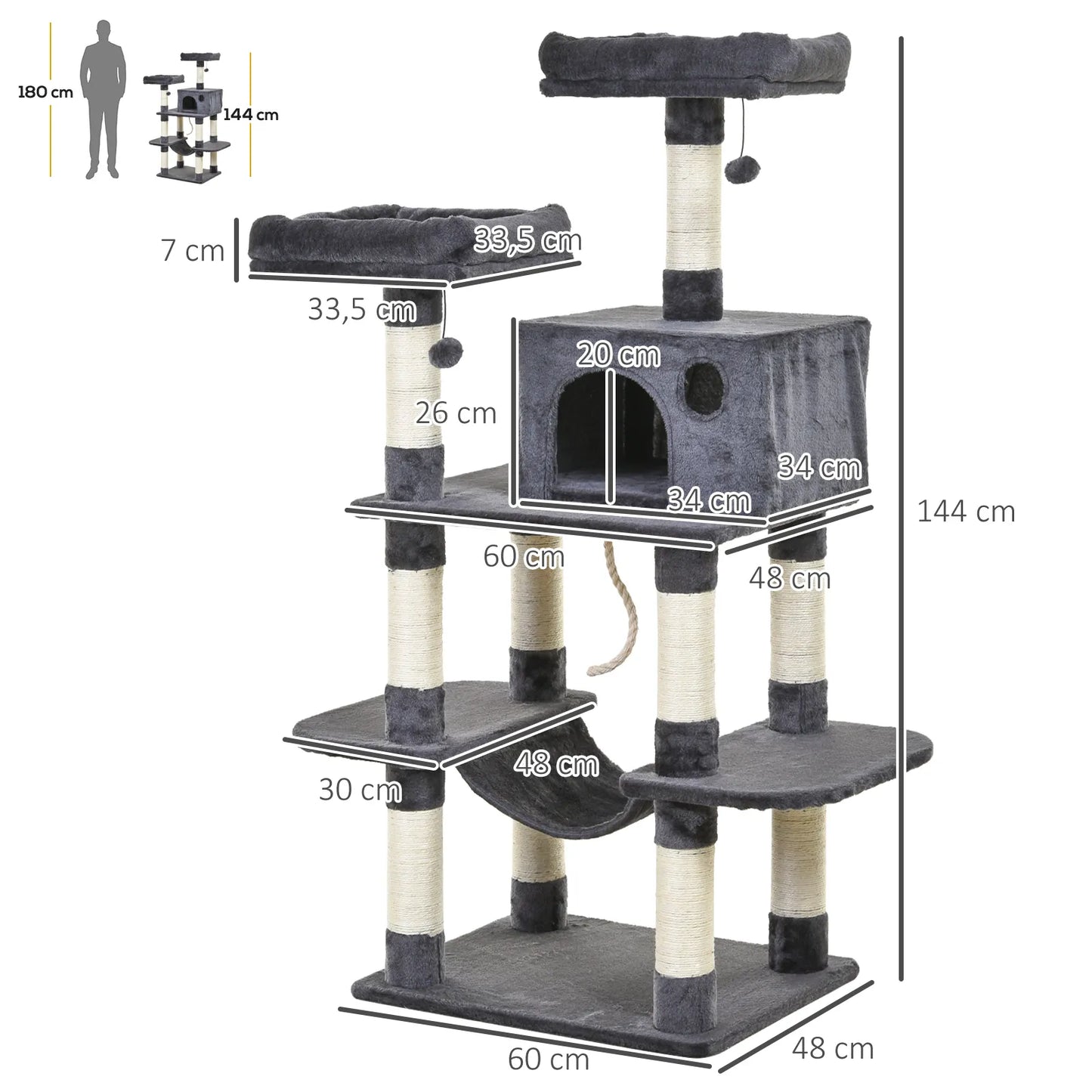 Luxury cat tree with hammock and house, dark grey, 60 x 48 x 144 cm