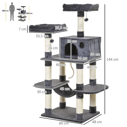 Luxury cat tree with hammock and house, dark grey, 60 x 48 x 144 cm