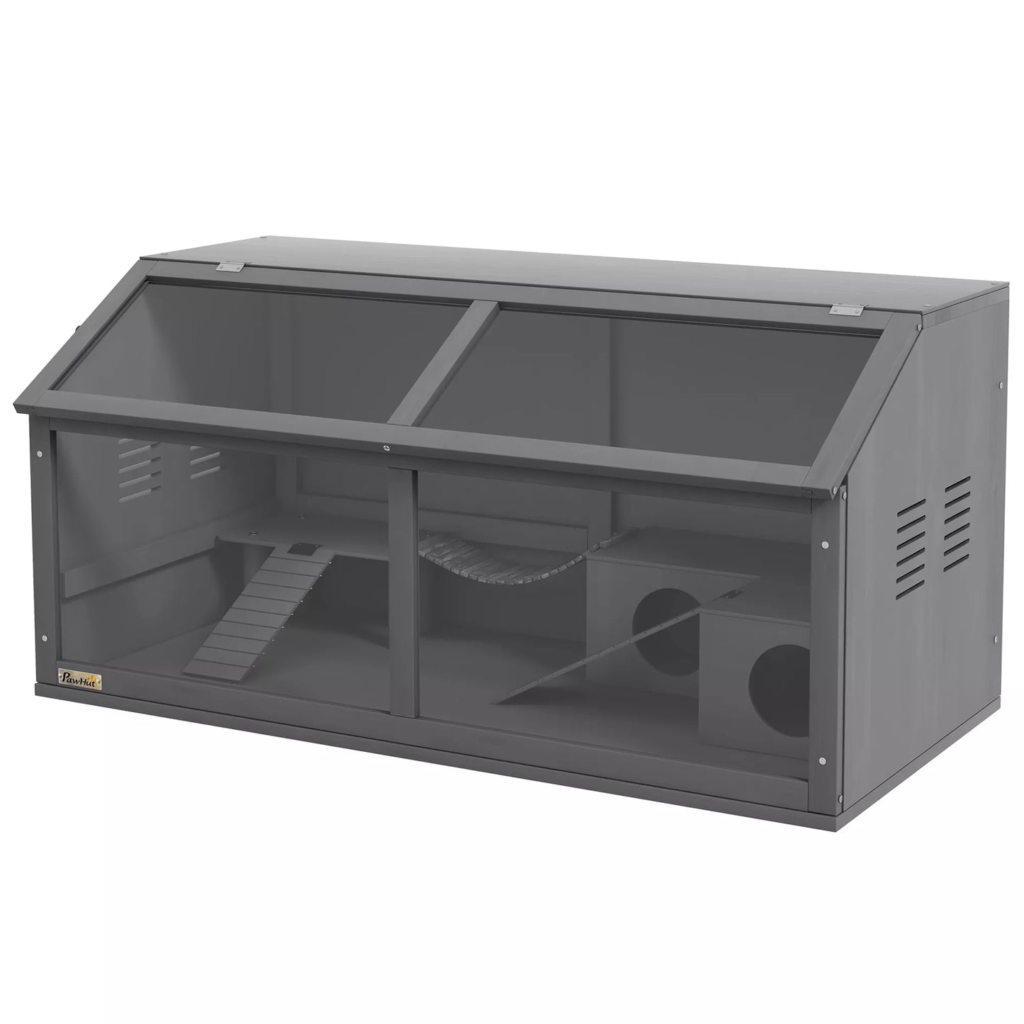 Smulkaus gyvūnėlio ir graužikų narvas su priedais, eglės mediena, 100 cm x 52 cm x 50 cm, pilkas