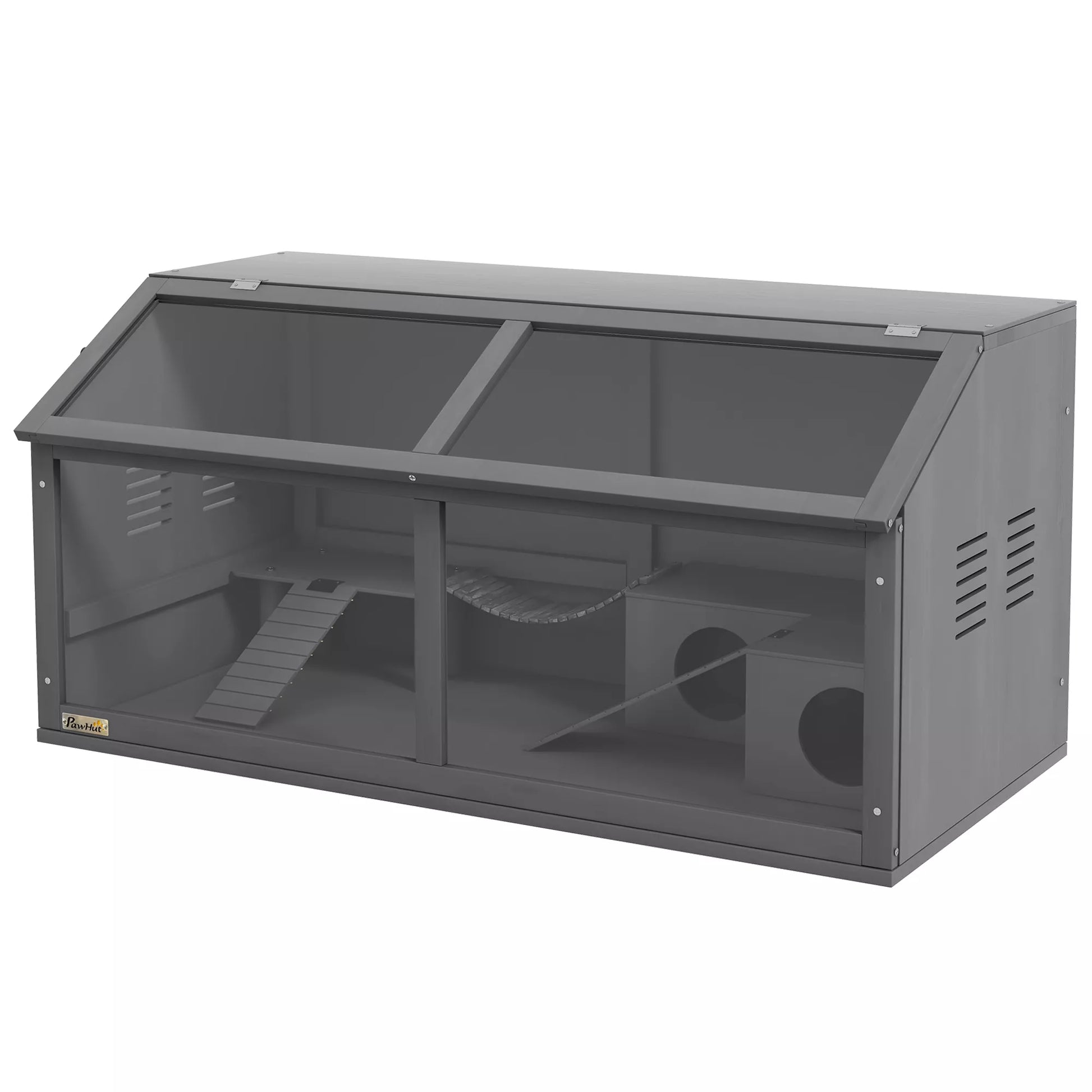 Smulkaus gyvūnėlio ir graužikų narvas su priedais, eglės mediena, 100 cm x 52 cm x 50 cm, pilkas