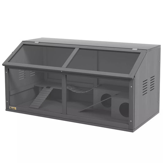 Smulkaus gyvūnėlio ir graužikų narvas su priedais, eglės mediena, 100 cm x 52 cm x 50 cm, pilkas