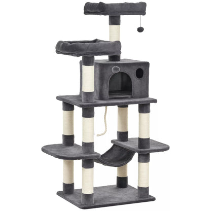 Luxury cat tree with hammock and house, dark grey, 60 x 48 x 144 cm