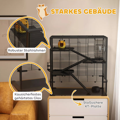 Hamsterio narvas su stikliniu dugnu, 4 pakopų žiurkėno voljeras su namelyje ir priedais, 78,5 ilgis x 48,5 plotis x 80 aukštis cm, juodas