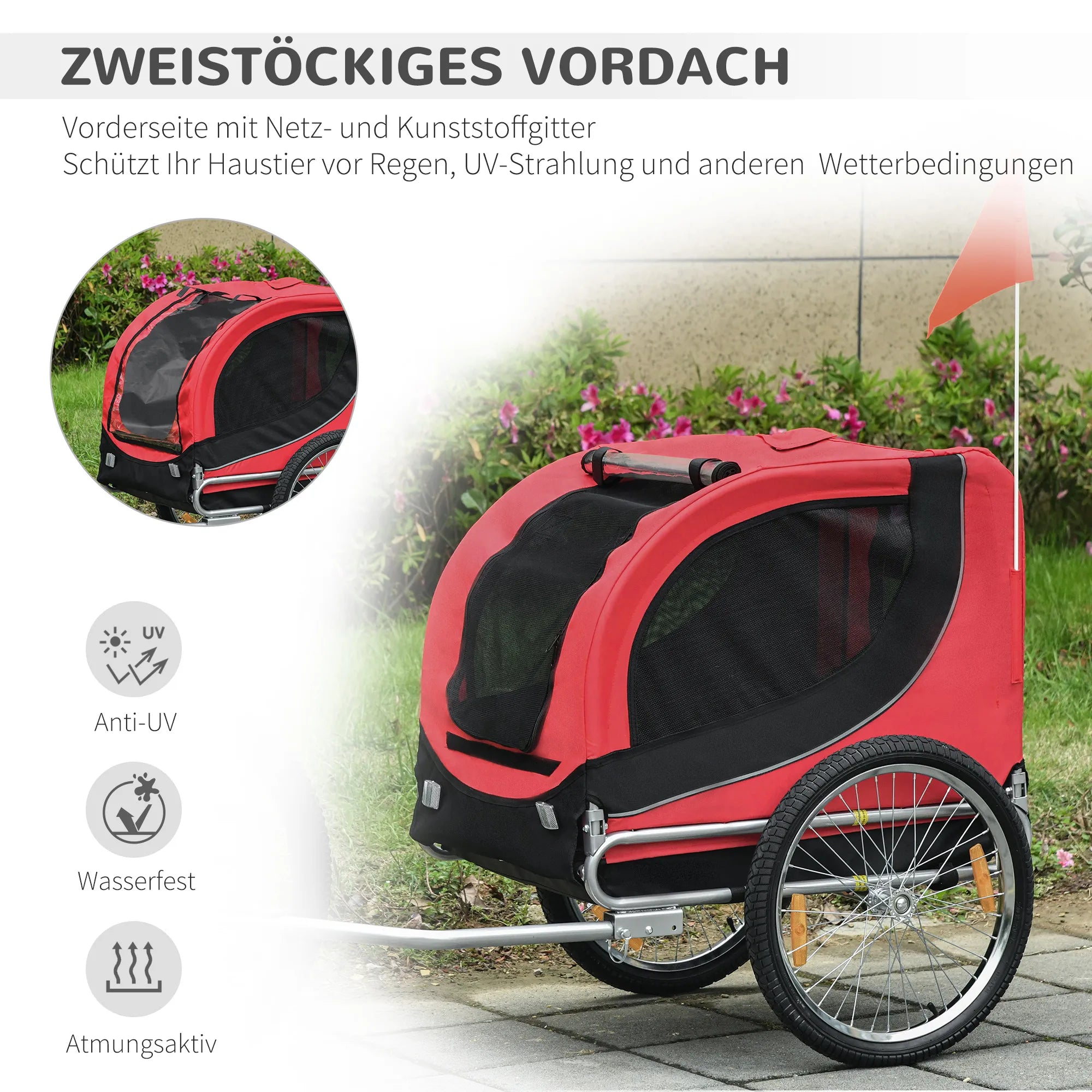 Velosipēda piekabe suņiem līdz 20 kg ar universālu sakabi, tērauda, ​​sarkana+melna