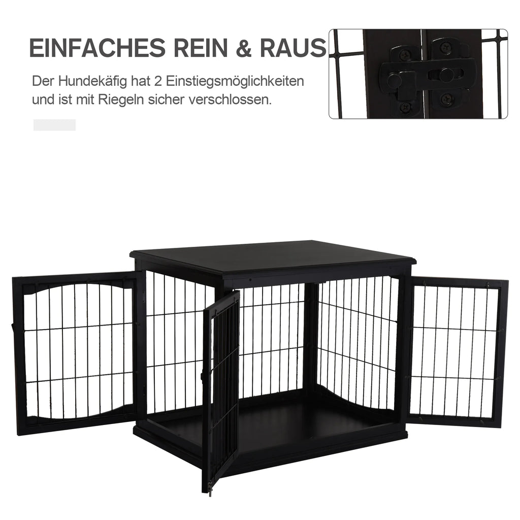 Suņu transportēšanas kaste 58,5 cm x 81 cm x 66 cm ar durvīm, MDF koks un dzelzs, 58,5 cm x 81 cm x 66 cm, melna