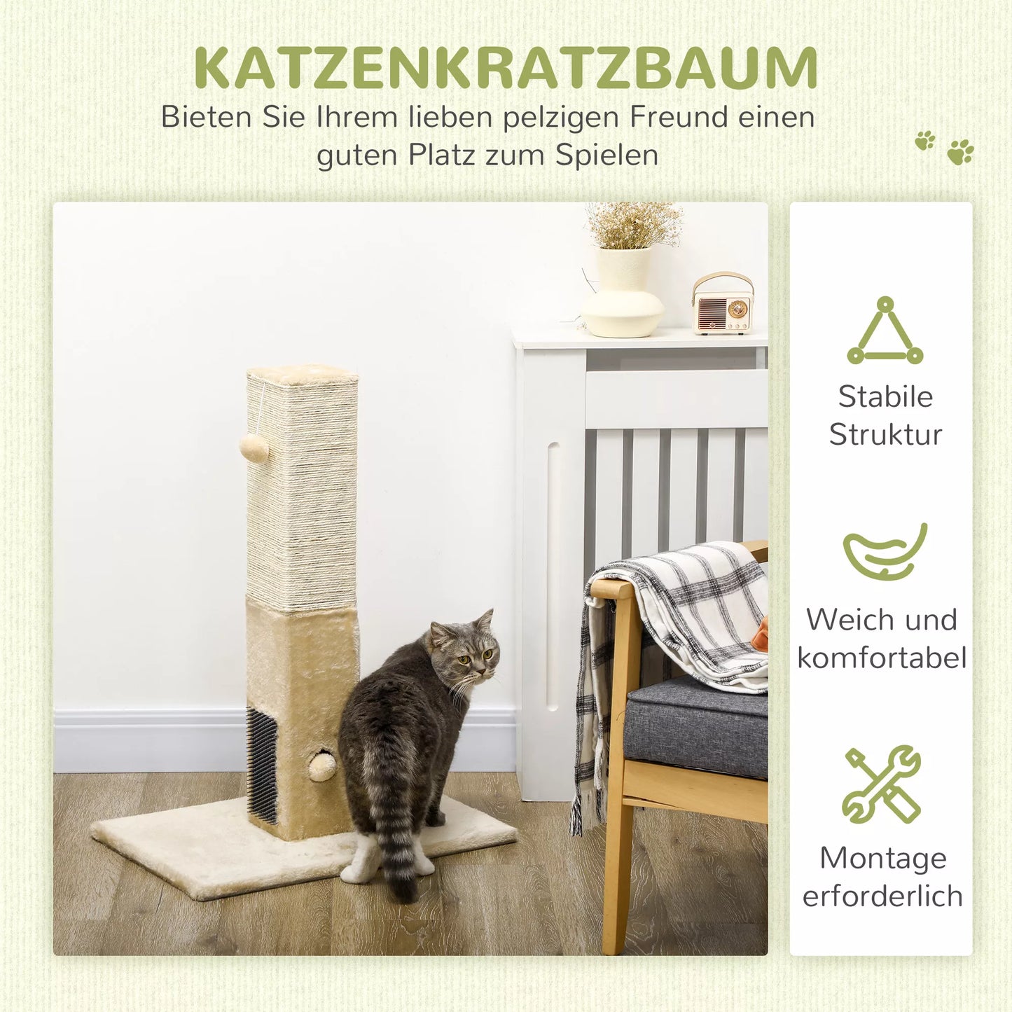 Kačių draskyklė, draskymo stulpas, 79 cm kačių medis su džiuto virve, su žaisliuku, pliušas, smėlio spalvos