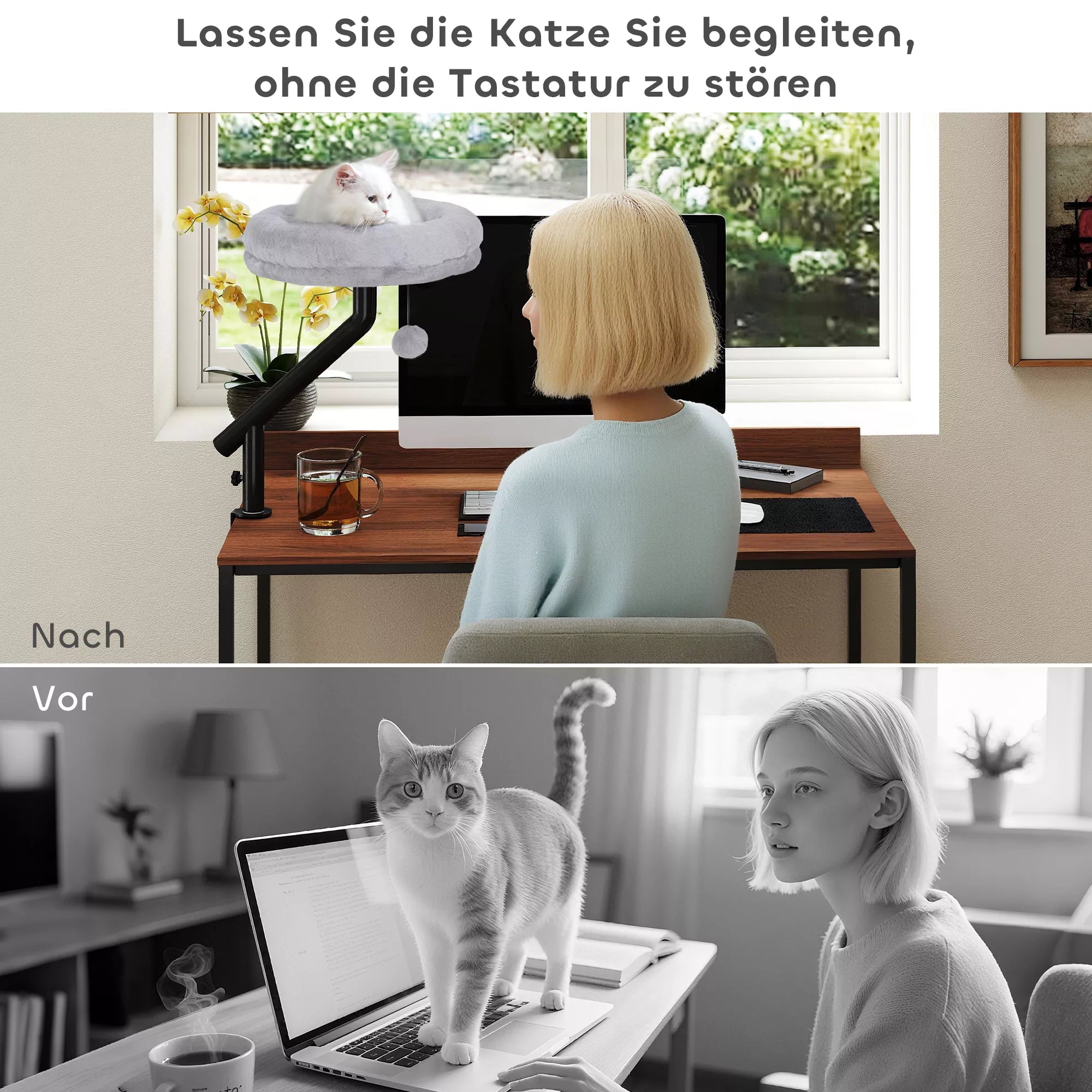 Katės stalinė lova, katės lova prie stalo su 360° pasukimu, reguliuojamu aukščiu, katės gultas su nuimamu, skalbiamu skalbimo mašinoje guoliu, katėms iki 6 kg, namų biurui, pilka