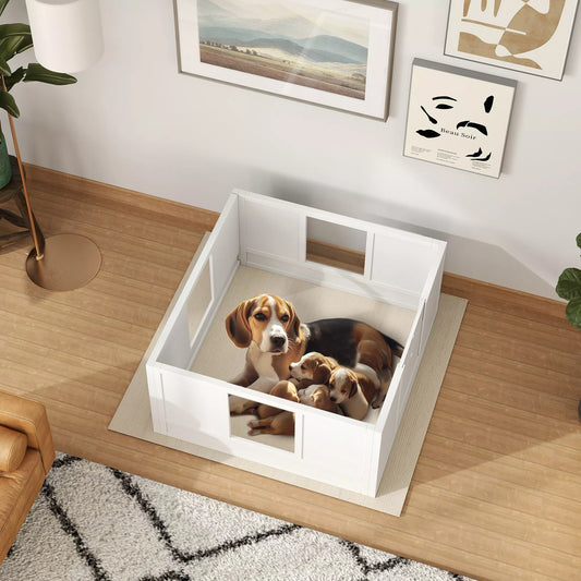 Šuniukų dėžė mažiems ir vidutinio dydžio šunims, šuniukų dėžė su reguliuojamu įėjimu, neslystančiais pėdelių paminkštinimais, balta