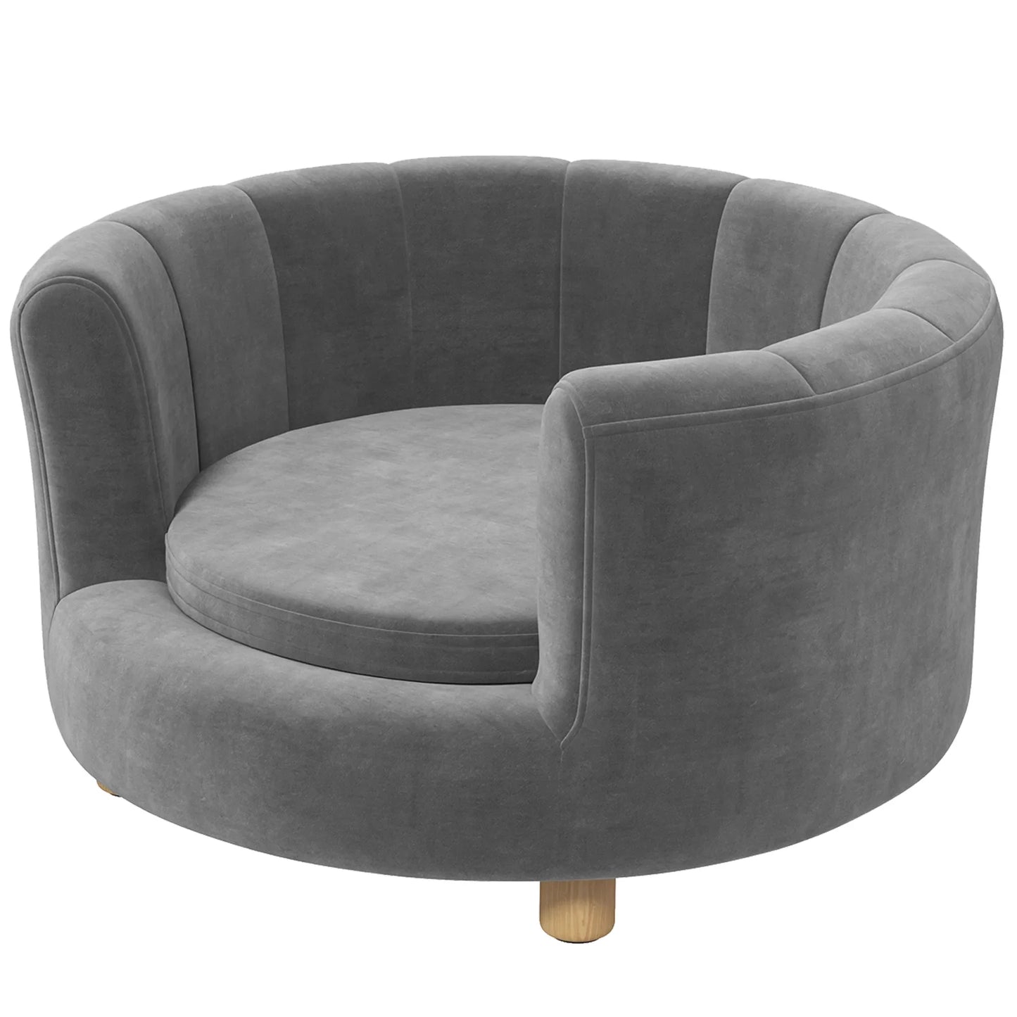 Lova augintiniams šunims ir katėms, medinės kojelės, paaukštinta, flanelinis užvalkalas, nuimama pagalvėlė, pilka