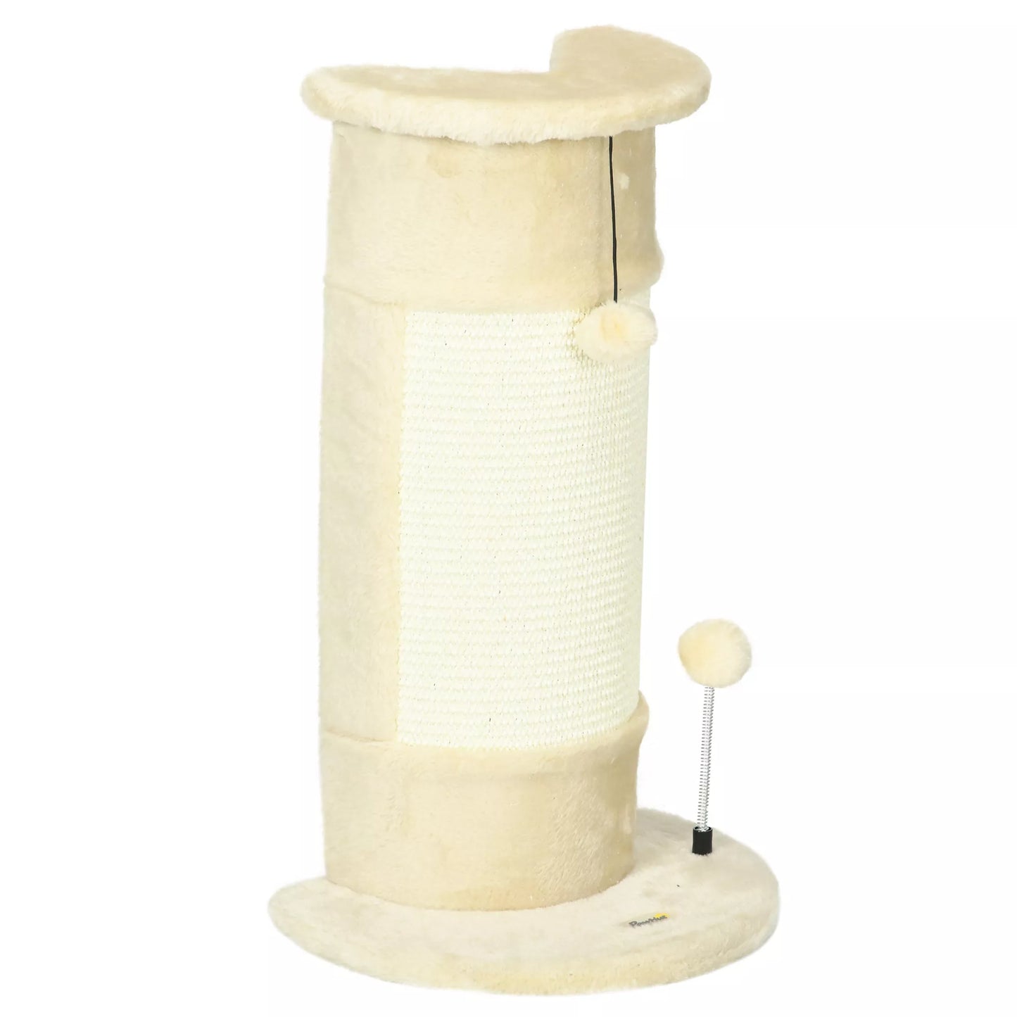 Katės draskyklė su žaislais, įsk. 2 kamuoliukus. Minkštas pliušas, 34 cm x 25,5 cm x 58 cm, kreminės baltos spalvos