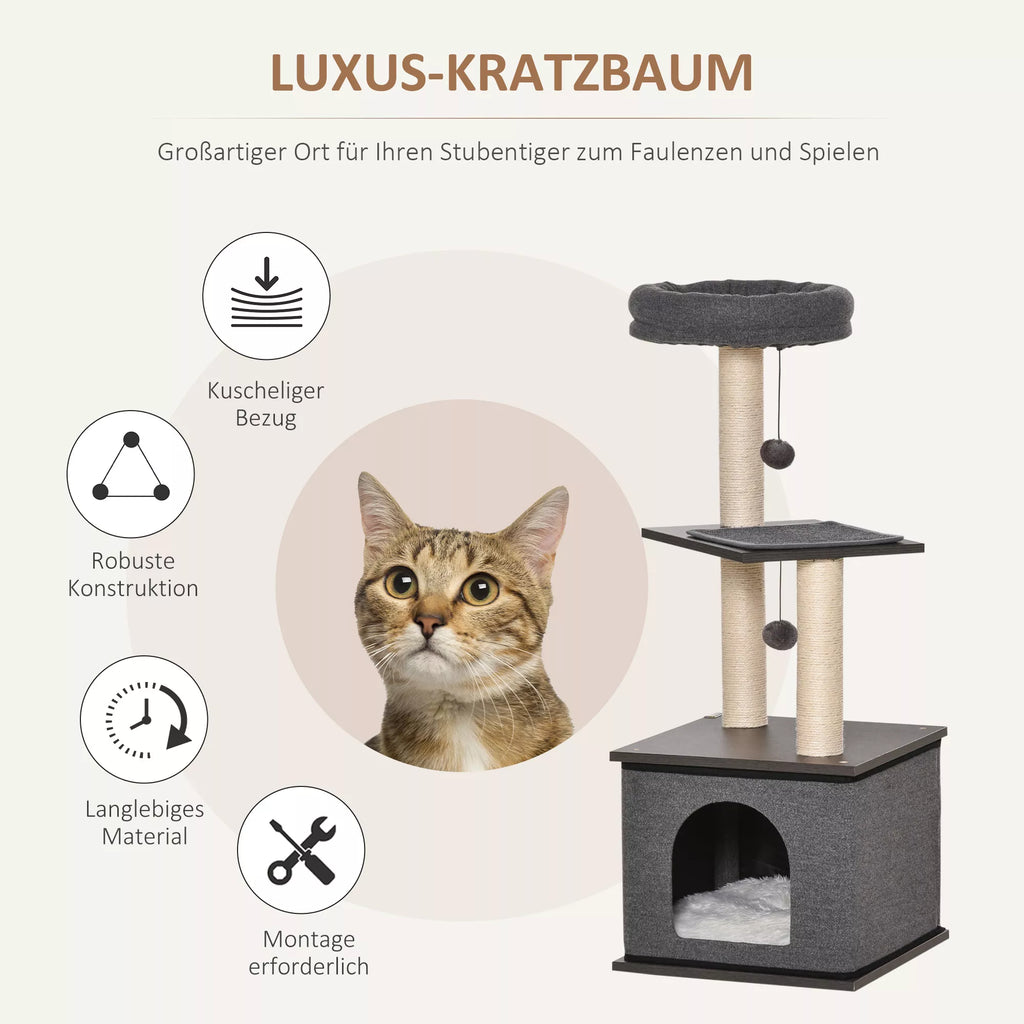 Kaķu skrāpēšanas stabs, kaķu rotaļlieta, kāpšanas koks, rotaļu iespējas, rotaļu sizala materiāls, sizala virve, skaidu plāksne, tumši pelēka, 40 x 40 x 104 cm