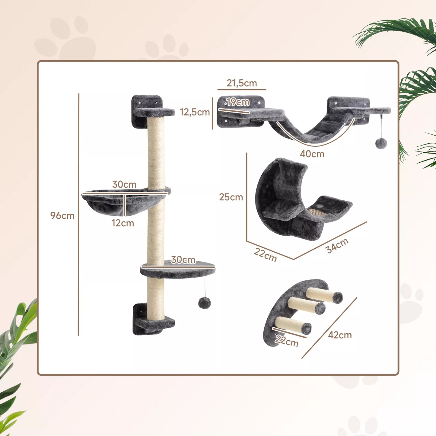 4 dalių katės laipiojimo sienelės komplektas su hamaku, katės tilteliu, iki 5 kg, tamsiai pilkas