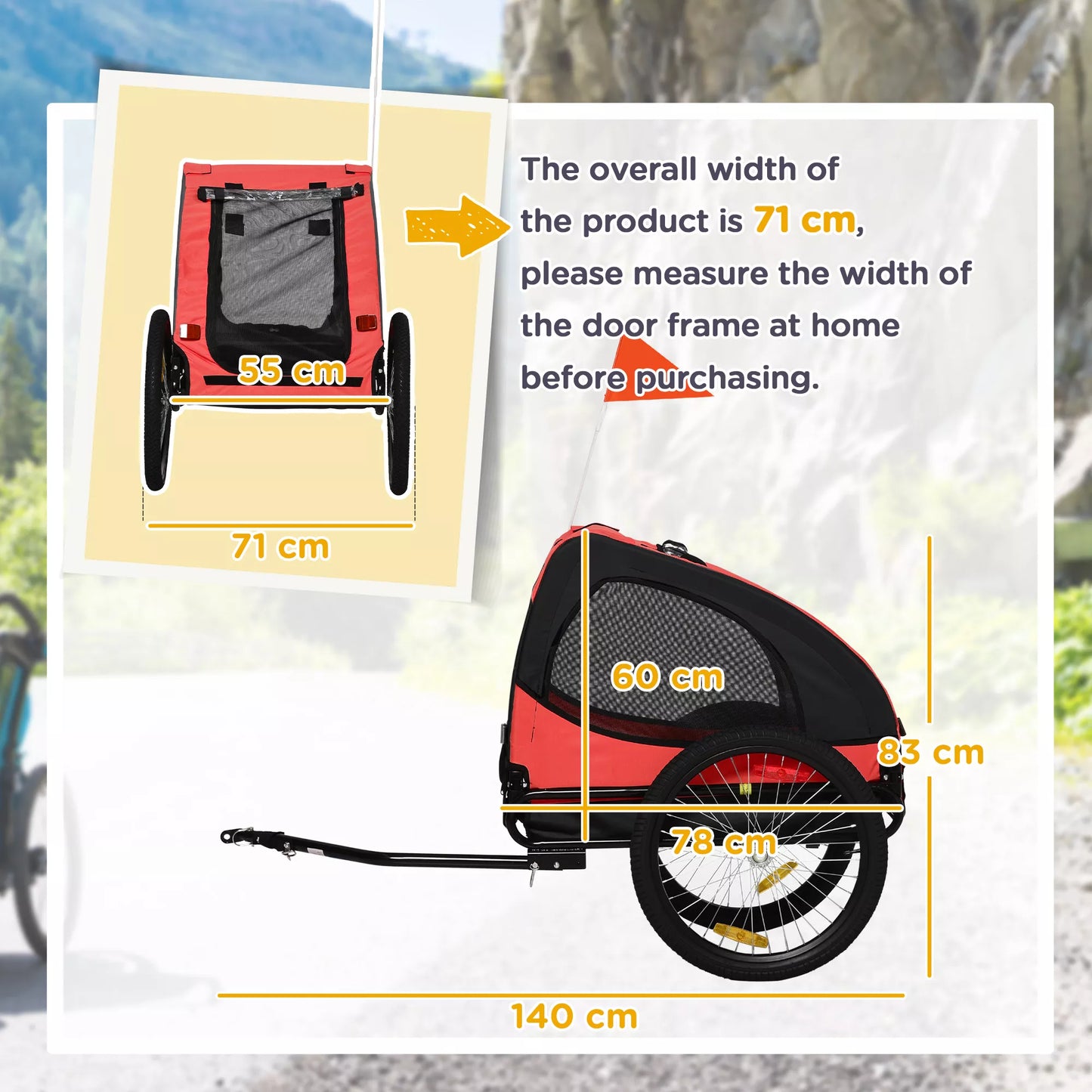 Dog trailer, foldable bike trailer for dogs, waterproof, Oxford cloth, metal, 140 x 71 x 83 cm, Red