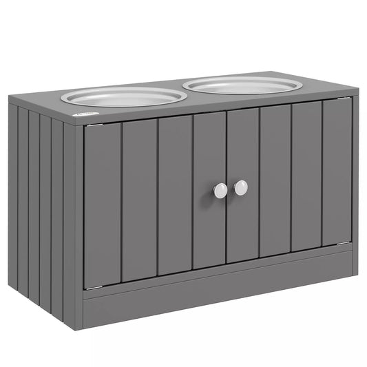 Paaukštinta šėrykla su 2 nerūdijančio plieno dubenėliais ir 44 L laikymo vieta, magnetinės durelės, dideliems šunims, pilka