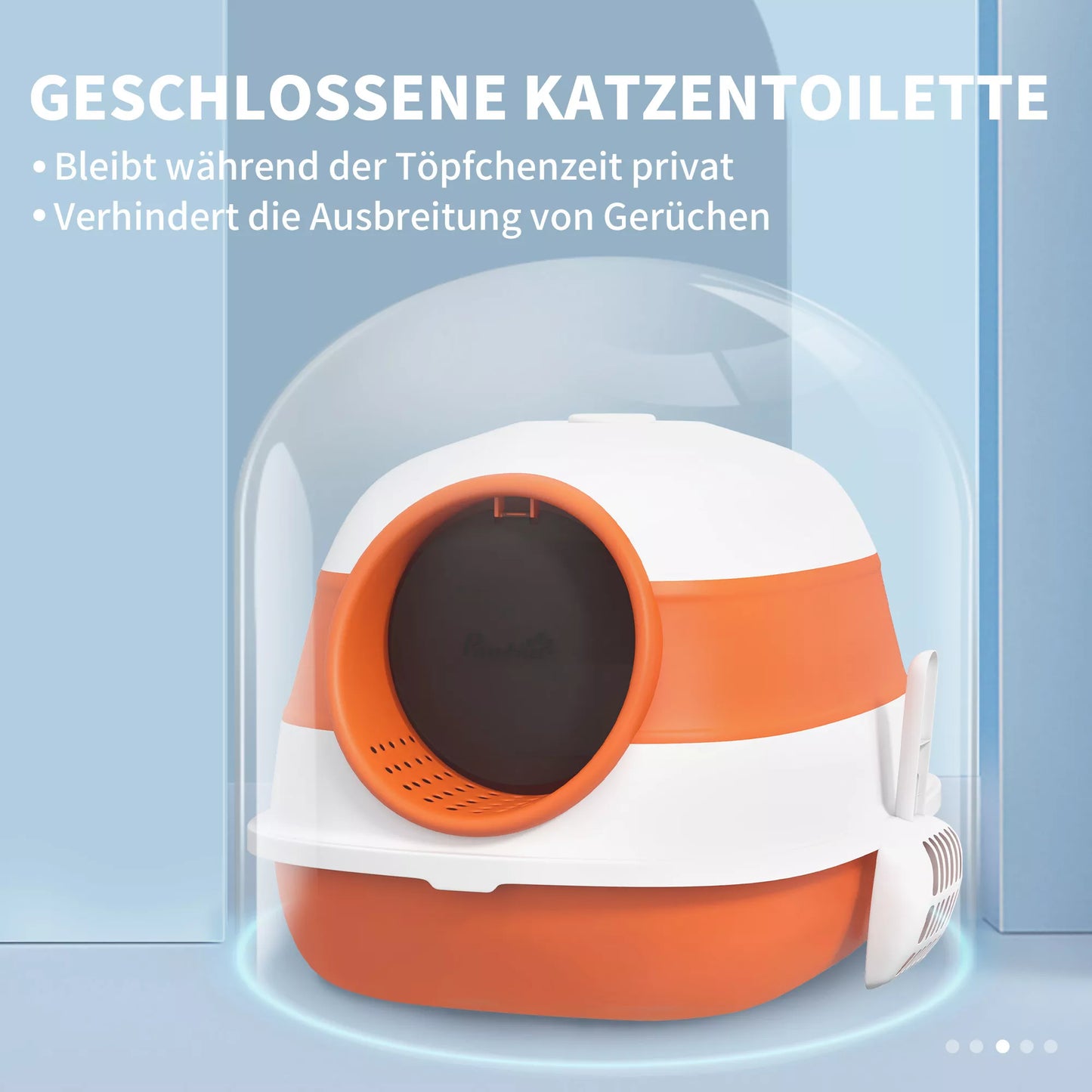 Kaķu tualete ar vāku un kaķu kaķu kausiņu, kaķiem līdz 5 kg, 52x41x38 cm, balta/oranža