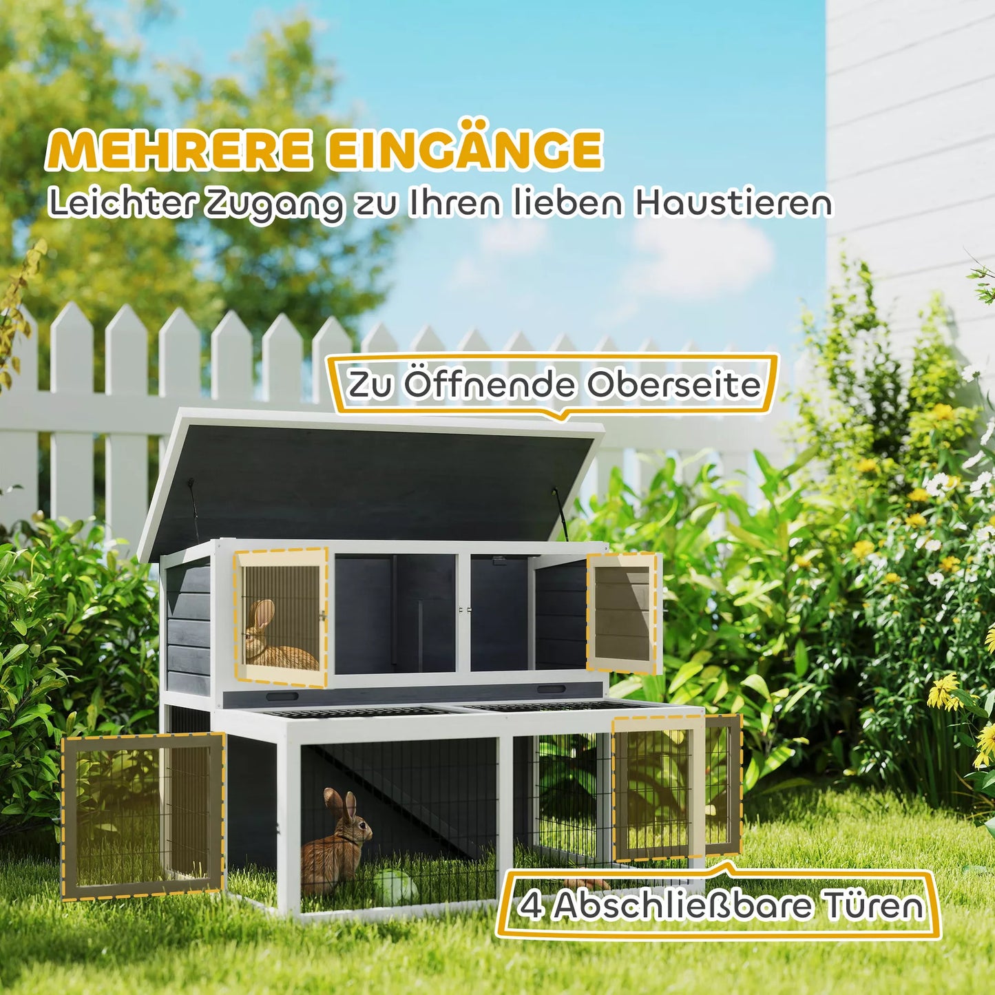 Triušidė 2 aukštų su atlenkiamu stogu, triušių namelis iš medžio masyvo, atsparus žiemai, dviejų aukštų namelis 122x95x93,5 cm Pilka