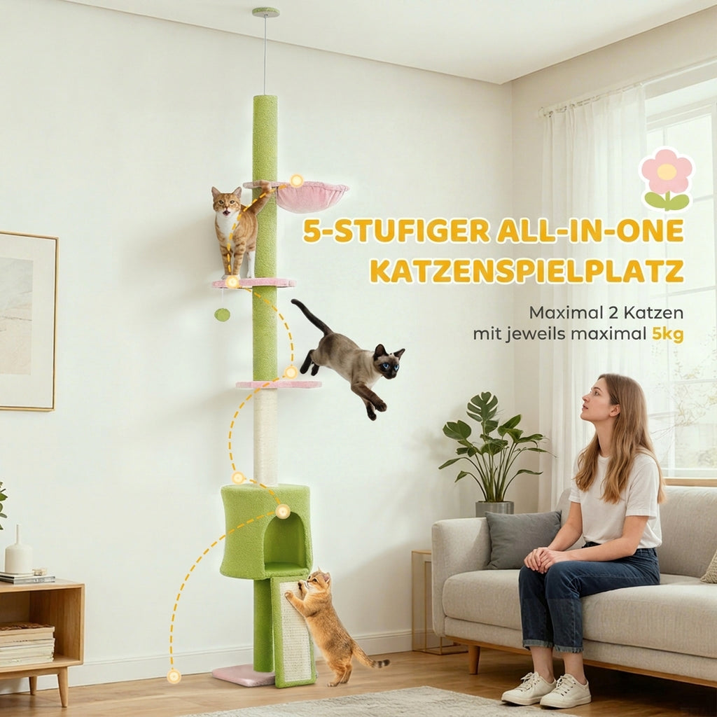 Draskyklė iki lubų 220–240 cm su nameliu, hamaku ir gėlių formos platformomis, 1–2 katėms iki 5 kg, žalia
