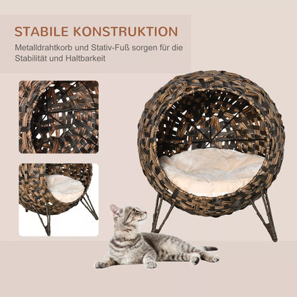 Rattan Cat House with Cushion, Cat Bed with Raised Legs, Brown, Ø52 x 58 cm