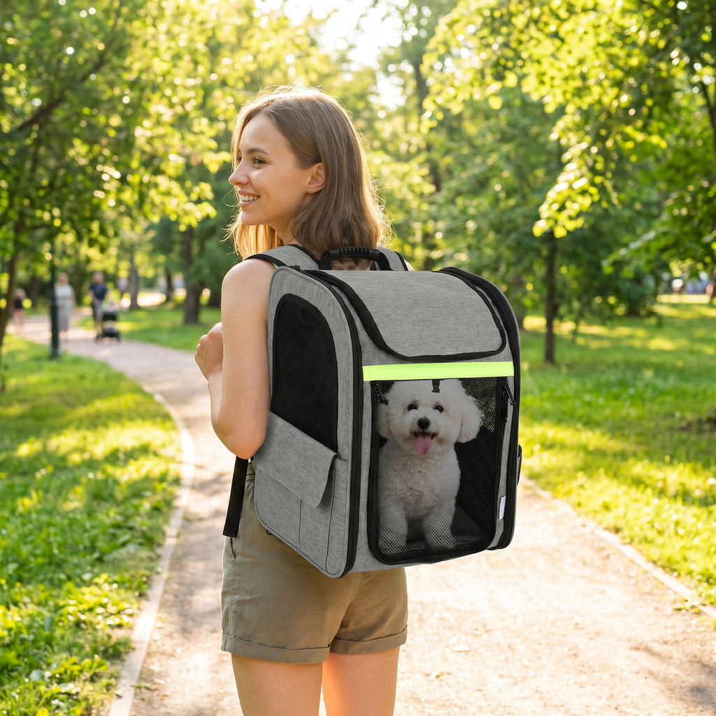 Praplečiama transportavimo kuprinė šunims ir katėms iki 10 kg, su 5 kišenėmis, 33,5x28x42 cm, šviesiai pilka