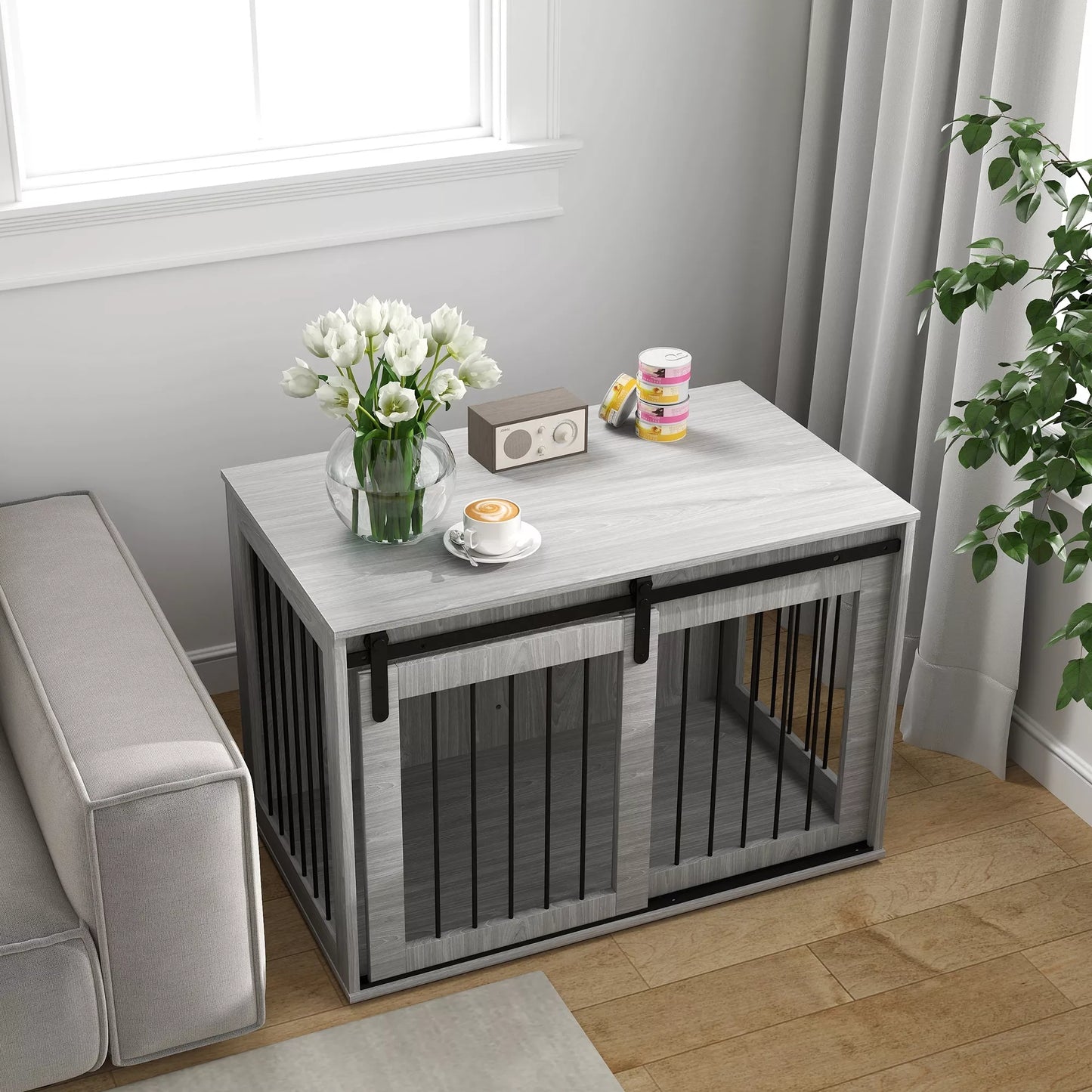 Suņu transportēšanas kaste ar bīdāmām durvīm, ventilāciju, izgatavota no skaidu plātnes un tērauda, ​​98 x 58 x 61 cm, pelēka