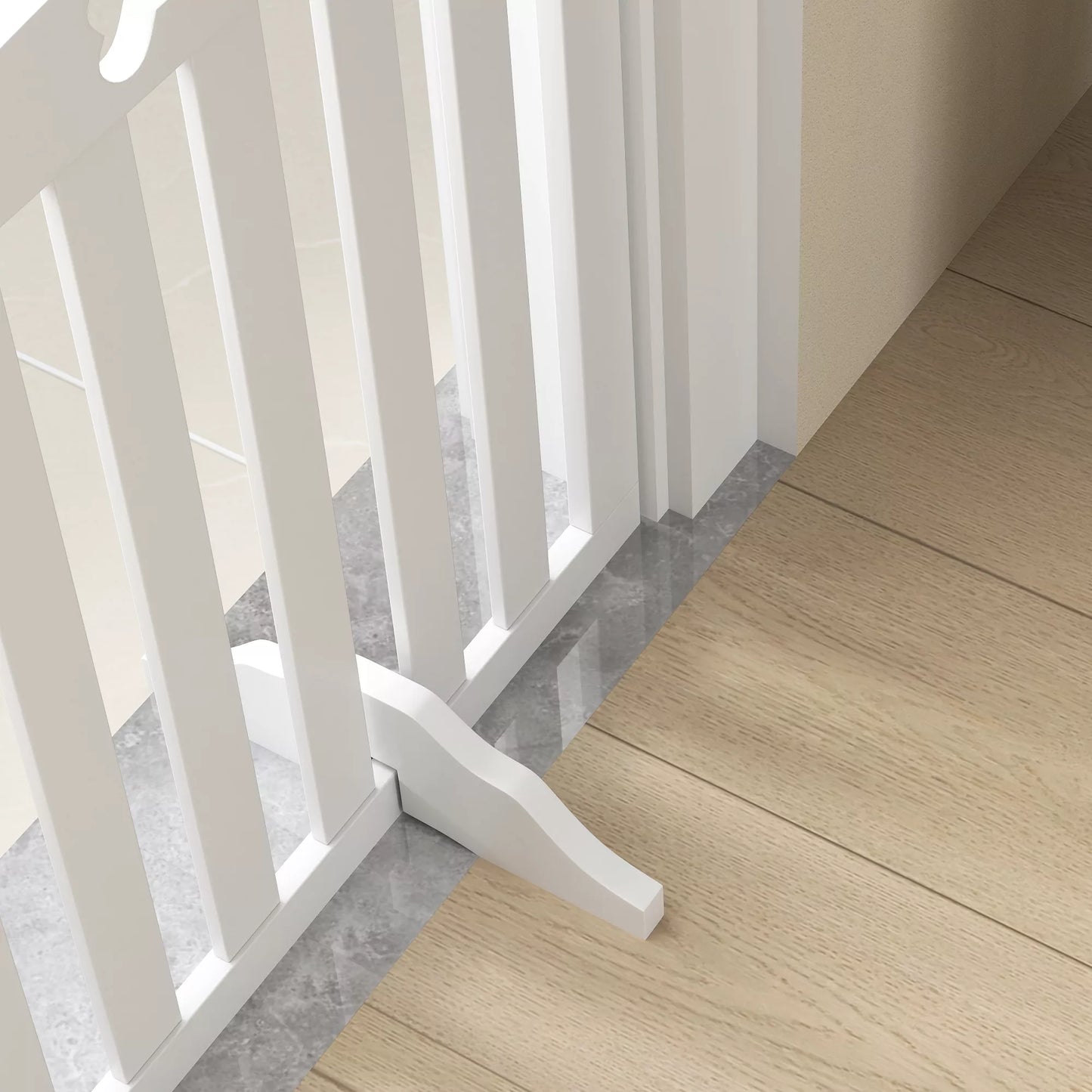 Laisvai pastatomi šunų varteliai su atraminėmis kojelėmis, skirti durų angoms, koridoriui, laiptams, 207,5x30x61 cm, baltos spalvos.