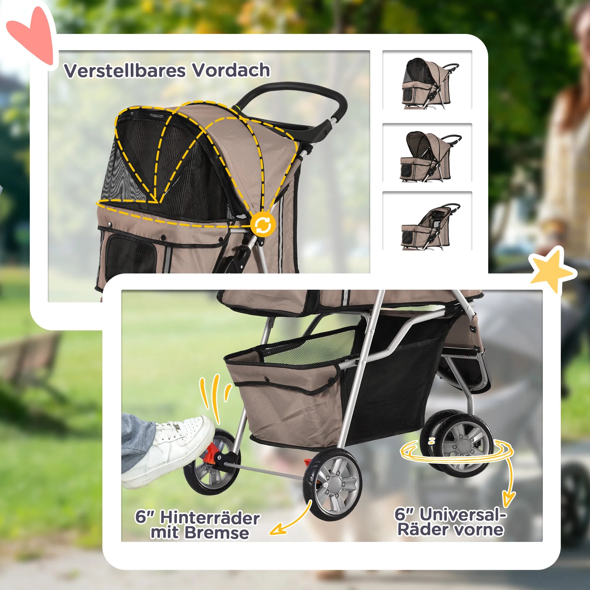 Suņu ratiņi līdz 10 kg, saliekami, ar apakšējo grozu, 2 krūzīšu turētājiem, regulējamu jumtiņu, kafijas brūnā krāsā