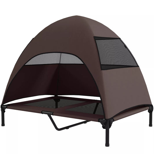Lauko šunų gultas su stogeliu, paaukštinta šunų lova dideliems šunims, 106 x 76 x 99 cm, kavos spalvos