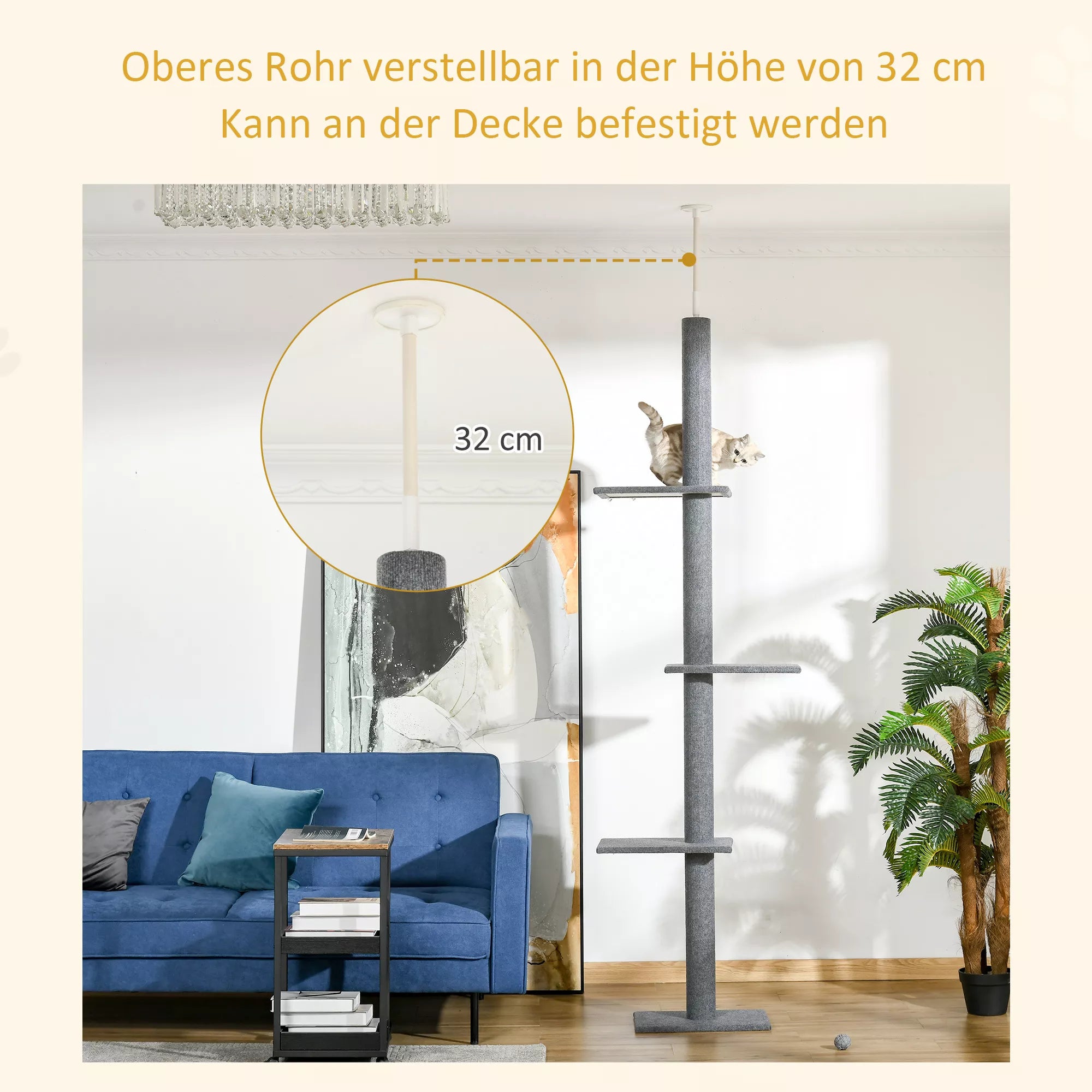 Griestu kaķu māja, augstums 228-260 cm, ar platformām, daudzlīmeņu, kāpšanas māja maziem un lieliem kaķiem, pelēka