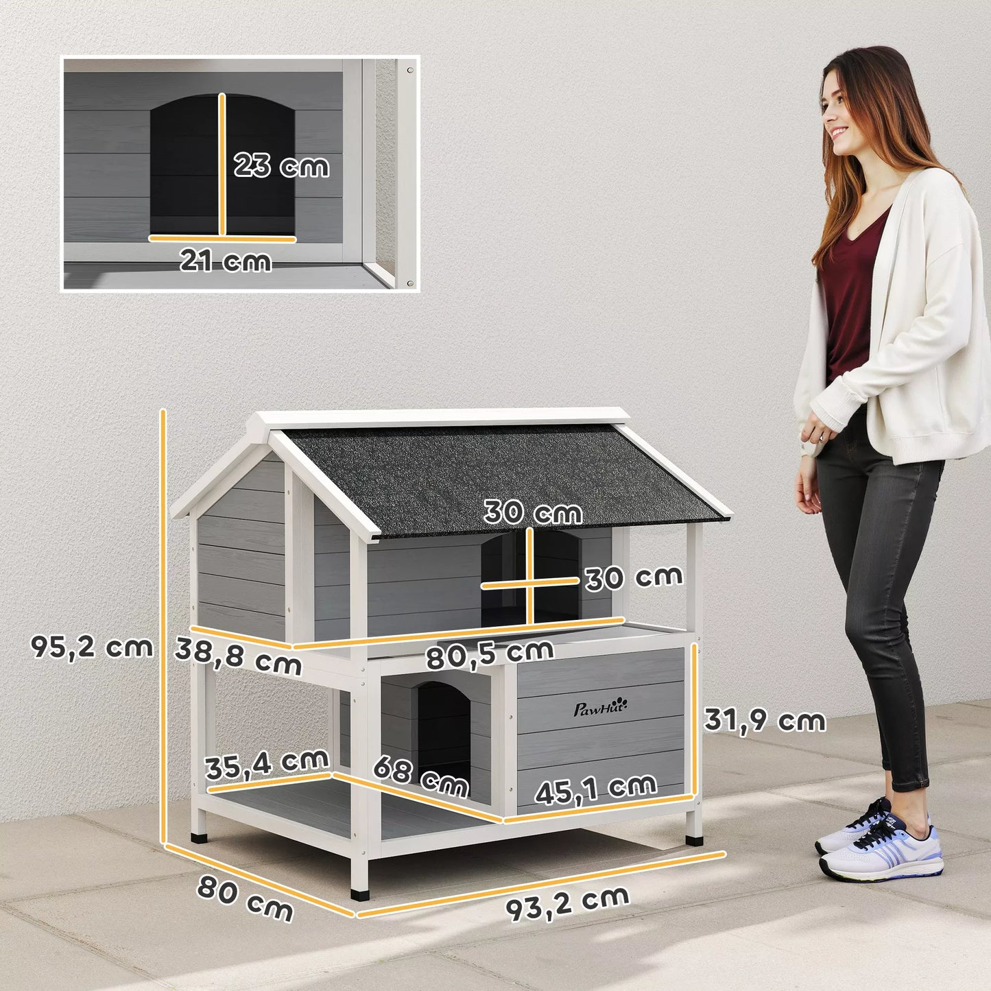 Outdoor cat house, outdoor shelter, waterproof, opening roof, fir wood, 80 x 93 x 95, gray