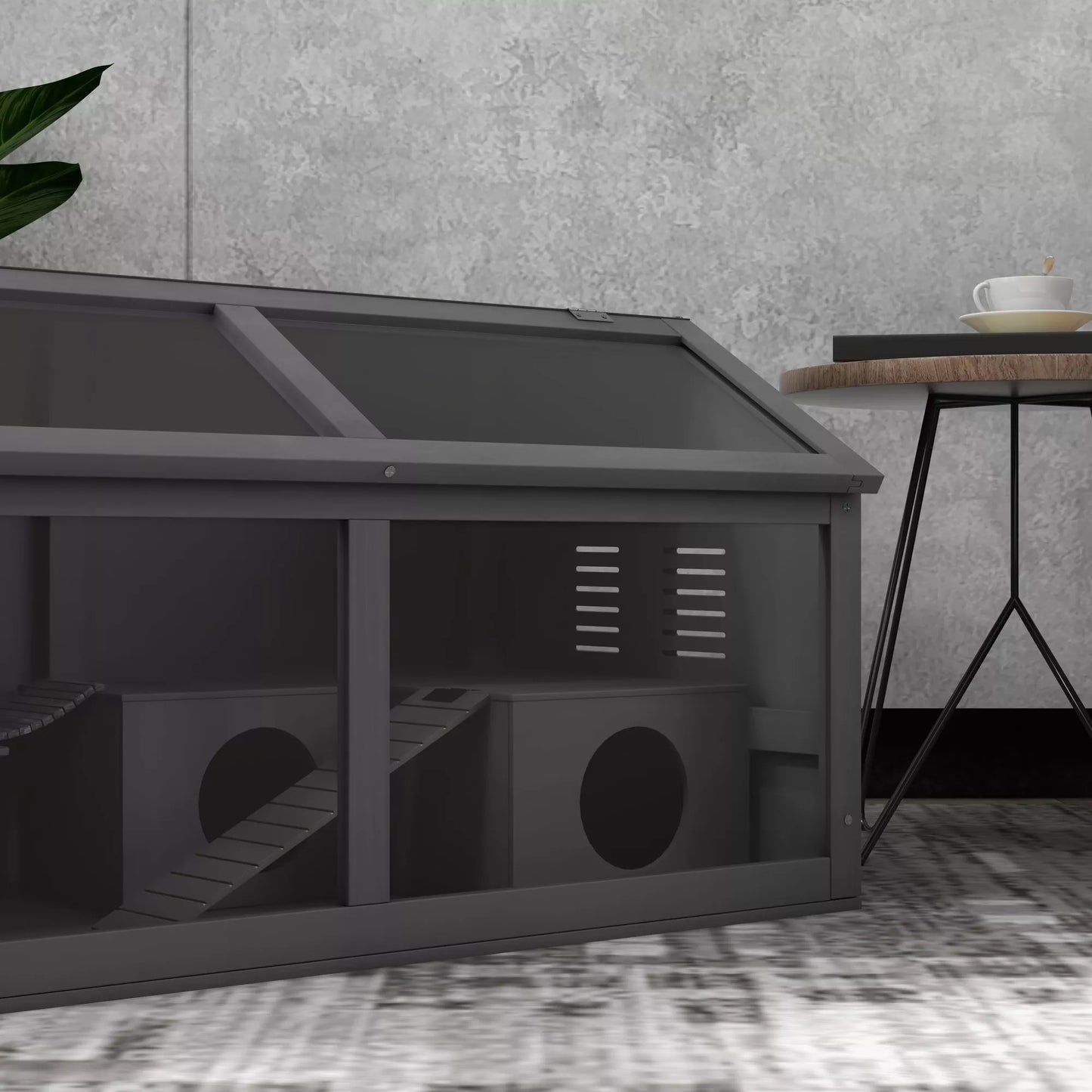 Kāmju būris, koka mazo dzīvnieku būris, piekaramais tilts, pakāpieni, mājiņa, 84 x 45 x 44 cm, maziem kāmīšiem, pelēks