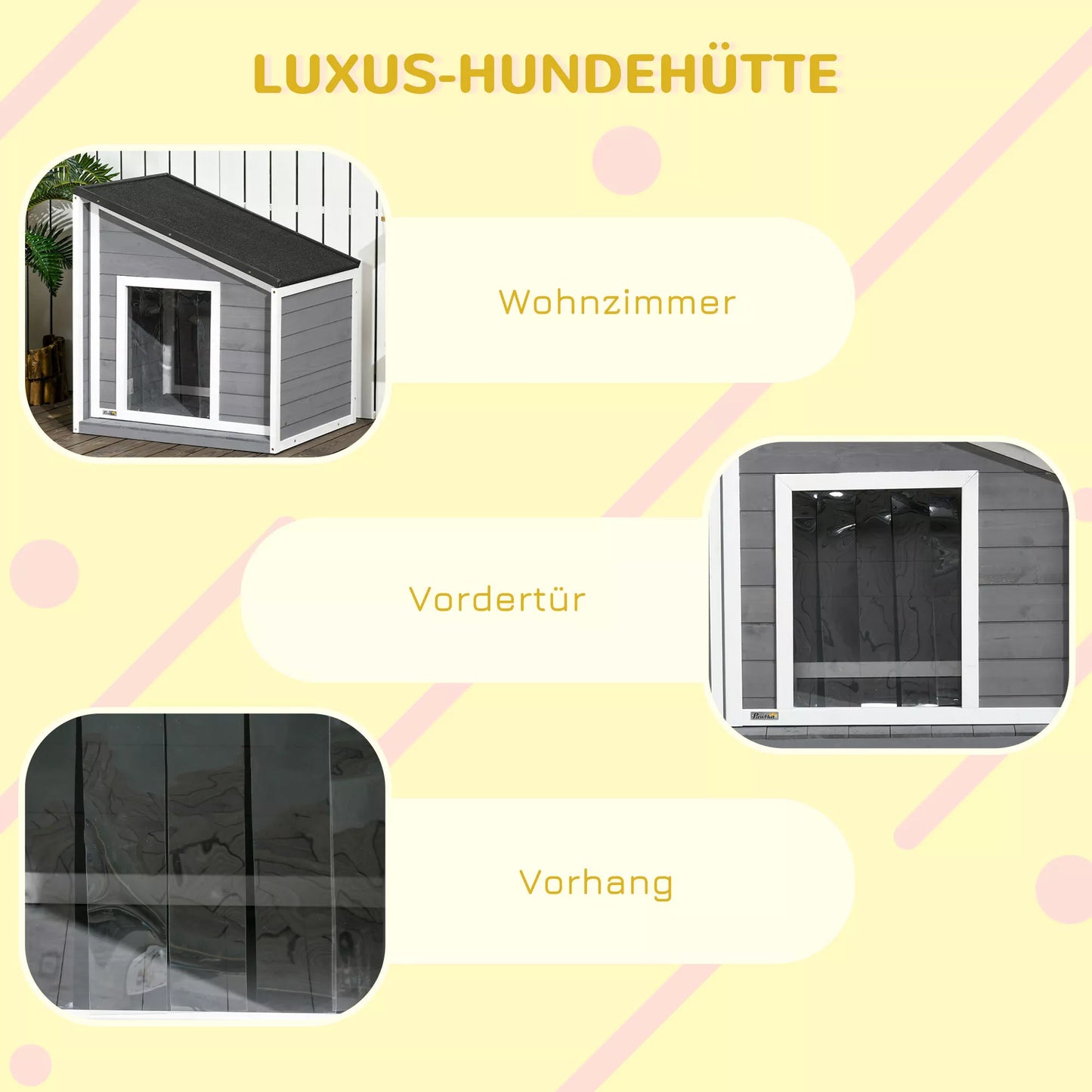 Suņu būda no masīvkoka, laikapstākļiem izturīga, ar asfalta jumtu, 71 cm x 58 cm x 77 cm, pelēka + balta