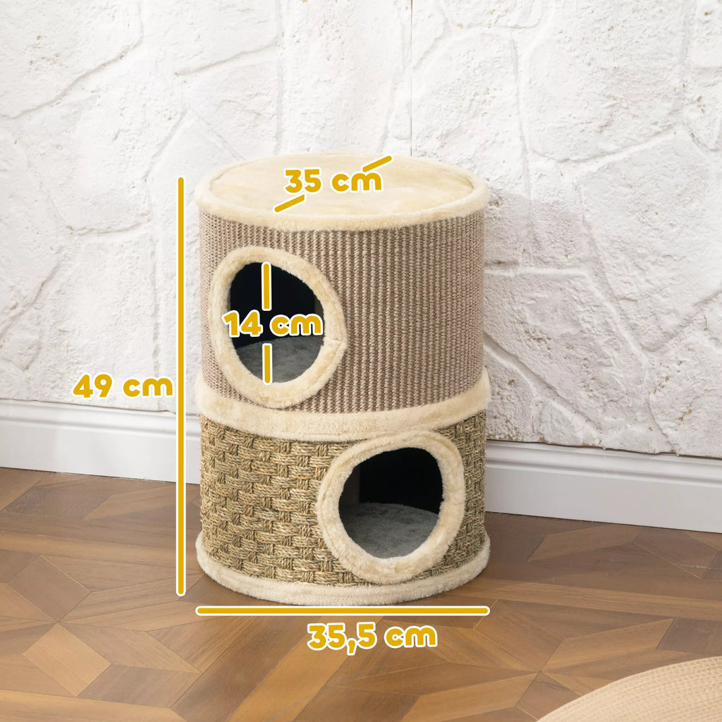Kaķu skrāpējamais paklājiņš, 49 cm augsts, Ø35,5 cm, divstāvīgs ar plīša malu, skrāpējamais paklājiņš, 2 gultņi, haki+kafijas krāsā