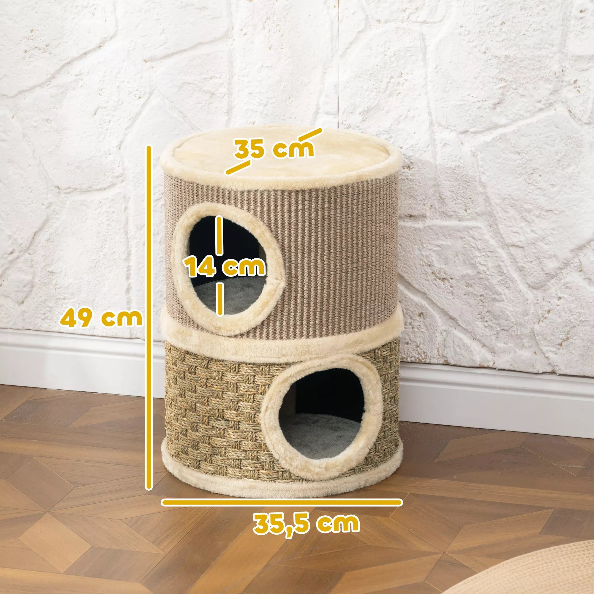 Kaķu skrāpējamais paklājiņš, 49 cm augsts, Ø35,5 cm, divstāvīgs ar plīša malu, skrāpējamais paklājiņš, 2 gultņi, haki+kafijas krāsā