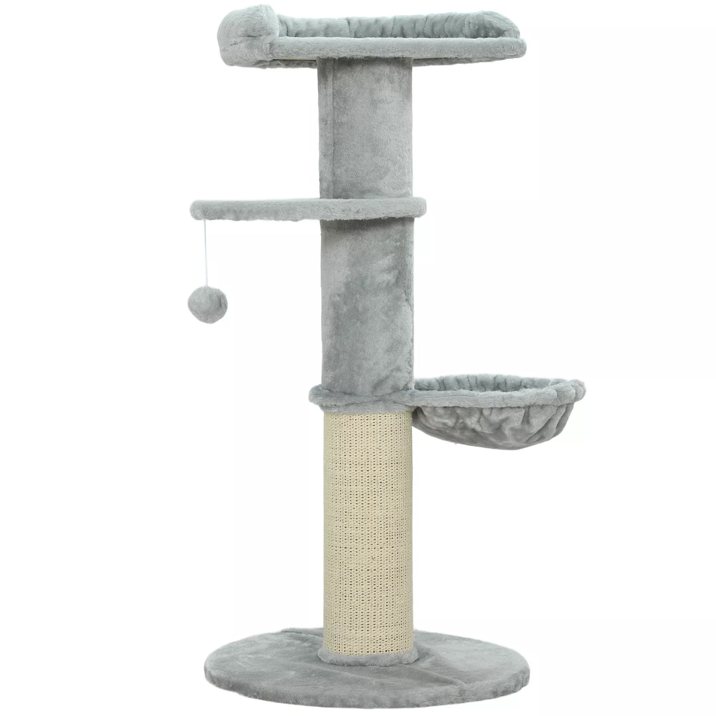 Cat scratching post, sisal posts, multi-tiered, plush fabric, hanging ball, light gray