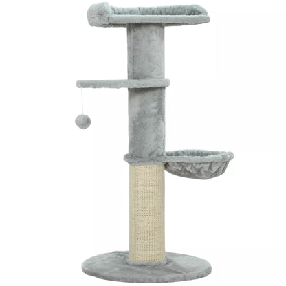 Cat scratching post, sisal posts, multi-tiered, plush fabric, hanging ball, light gray