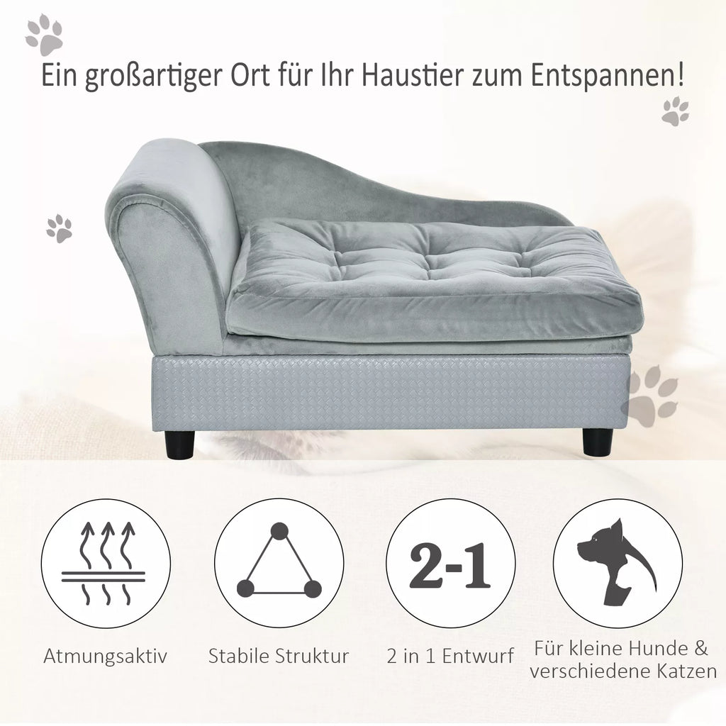 Sofa augintiniui su daiktadėže, minkšta pagalvėle, iki 15 kg apkrovos, pliušiniu užvalkalu, kieto medžio rėmu, šviesiai pilkos spalvos
