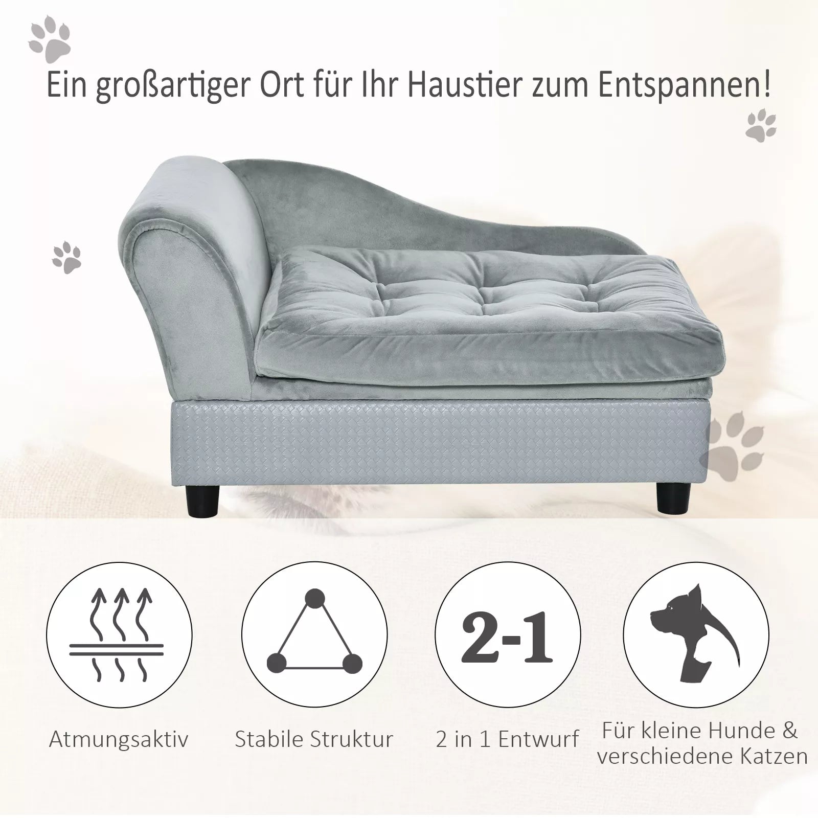 Sofa augintiniui su daiktadėže, minkšta pagalvėle, iki 15 kg apkrovos, pliušiniu užvalkalu, kieto medžio rėmu, šviesiai pilkos spalvos