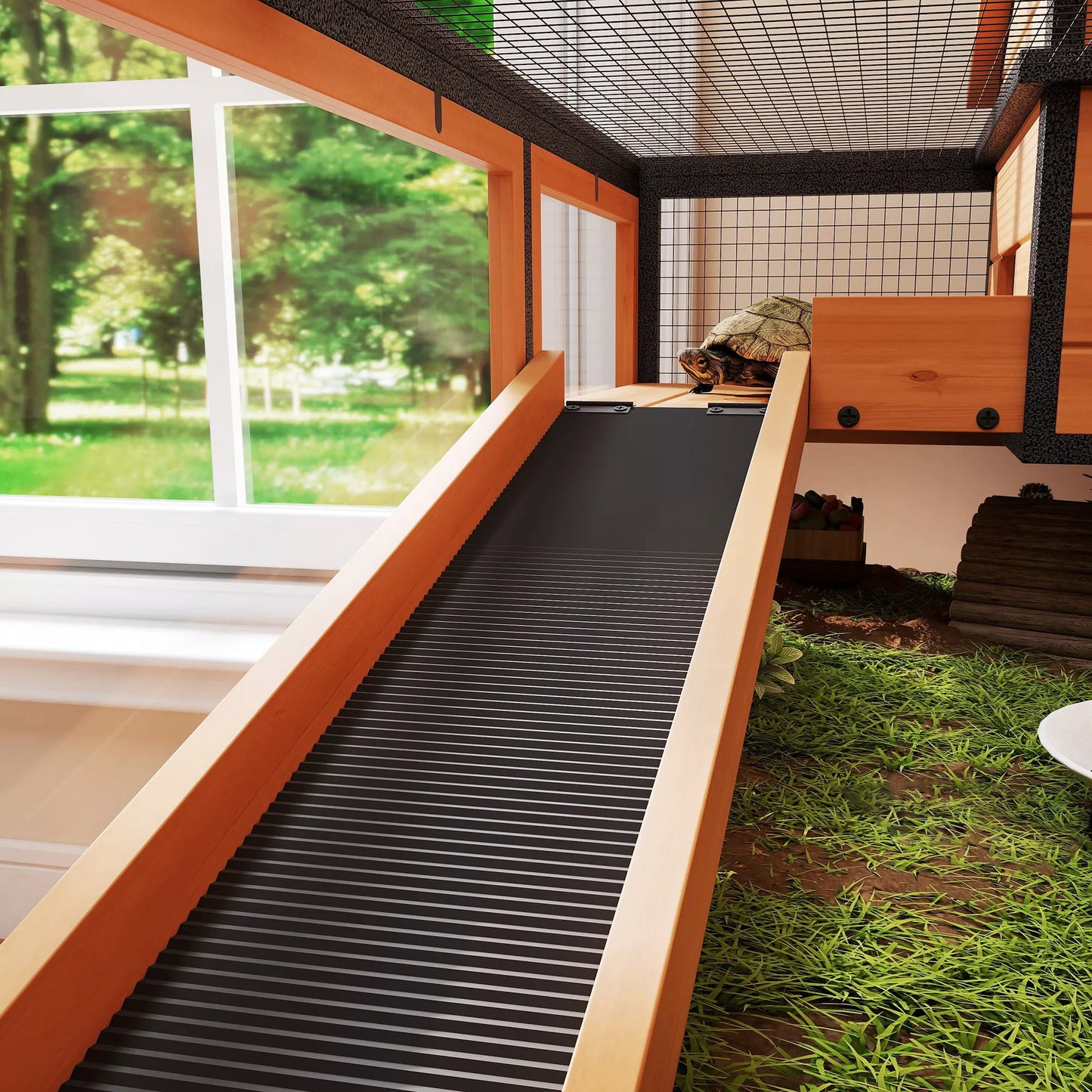 Vėžlio namelis, mažų gyvūnėlių aptvaras, 2 kambariai, 2 aukštai, langai, rampos, priedai, mediena, plienas, geltona