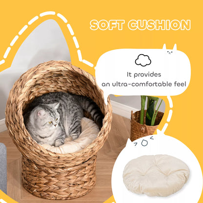 Rattan cat basket, cave, house, bed with cushion, pet bed, water hyacinth, brown, 50 x 42 x 60 cm