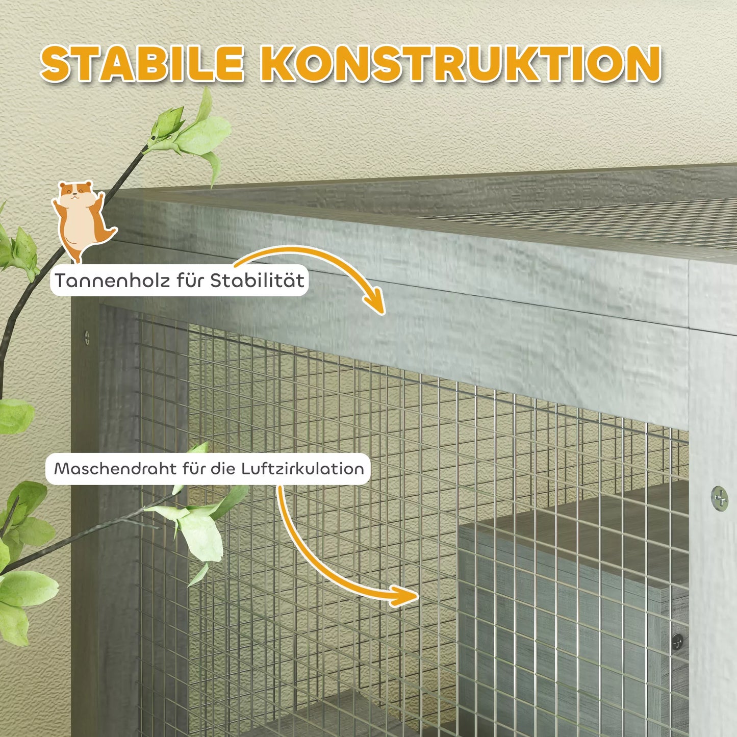 4 līmeņu koka kāmja būris ar mājiņām, šūpolēm, barības bļodām, rampām, riteņiem, 65 x 45 x 109 cm, pelēks