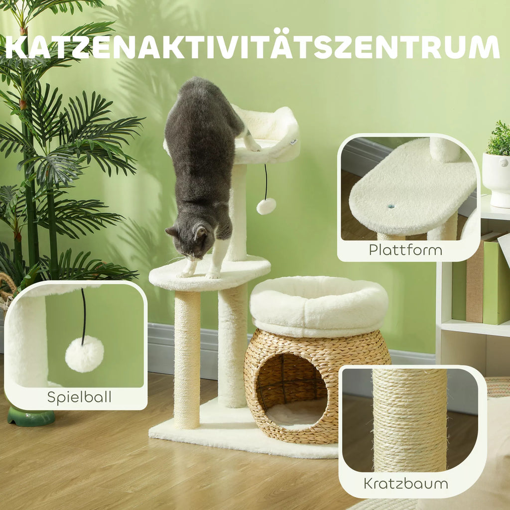 Draskyklė katėms su nameliu, guoliu, žaidimų kamuoliuku ir platforma, 79 cm, kreminė balta