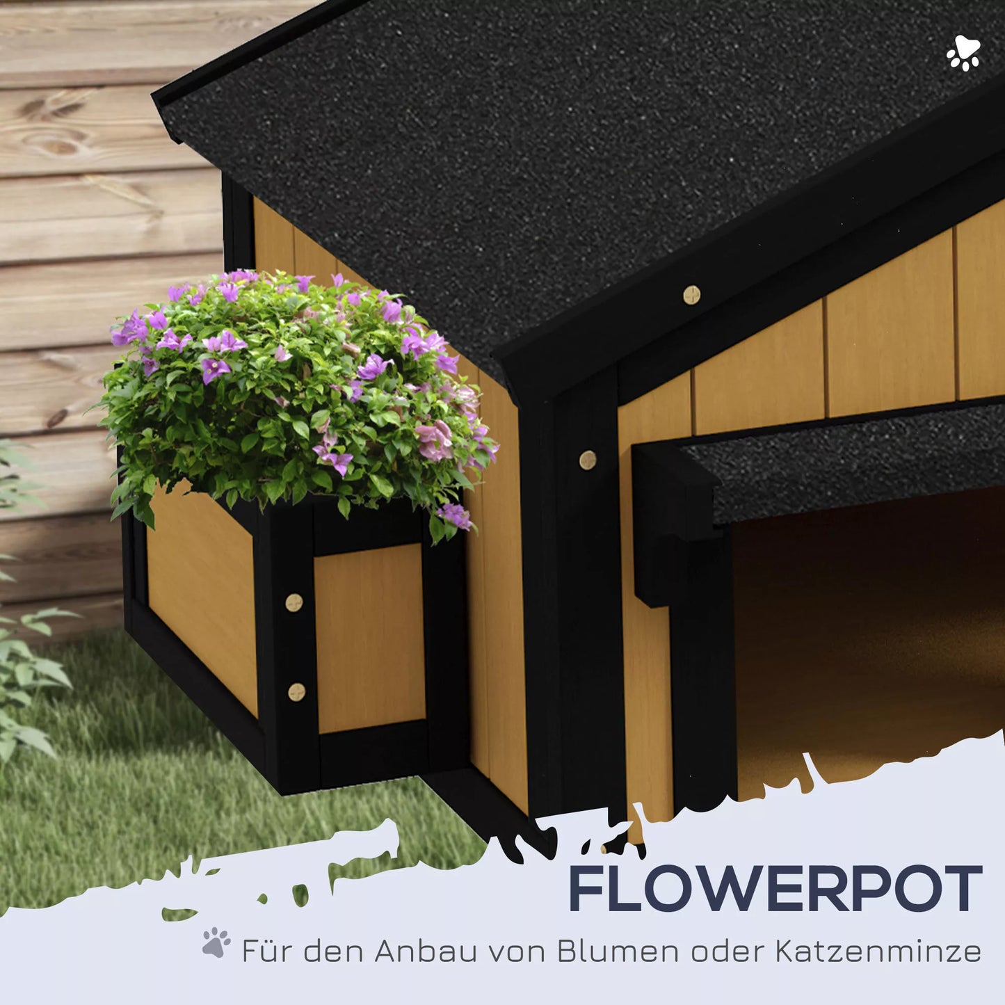 PawHut Katės namelis, katės būdelė, katės guolis, su gėlyne, 96 cm x 65 cm x 85,5 cm, geltonos + baltos + juodos spalvos