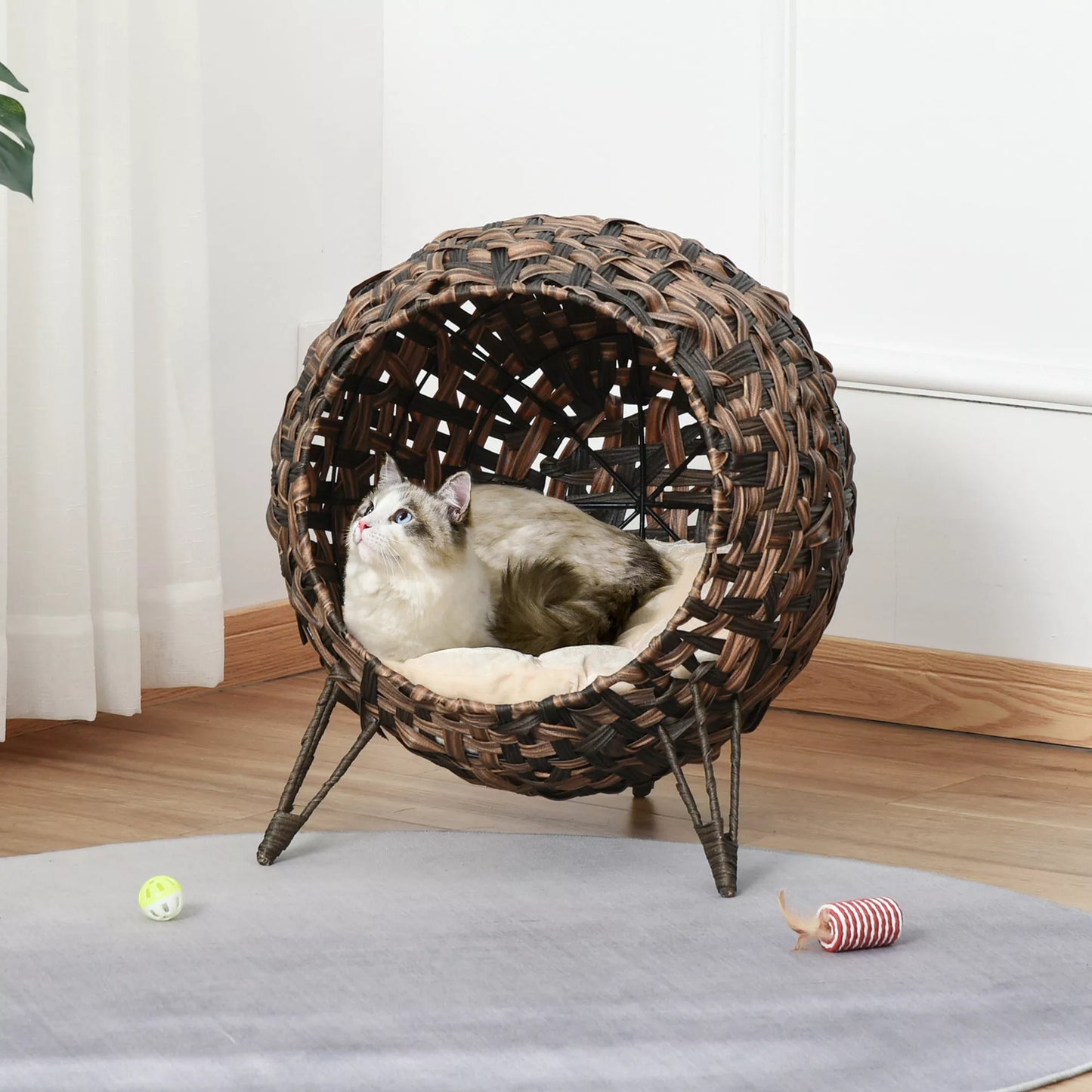 Rattan Cat House with Cushion, Cat Bed with Raised Legs, Brown, Ø52 x 58 cm