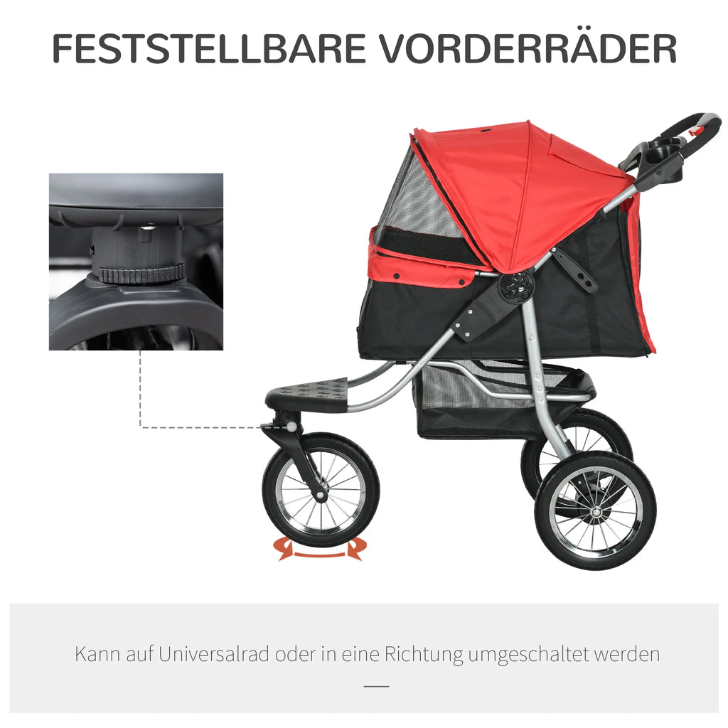 Suņu ratiņi ar 3 riteņiem, salokāmi līdz 10 kg, Oxford Red+Black, 109,5 x 54,5 x 106,5 cm