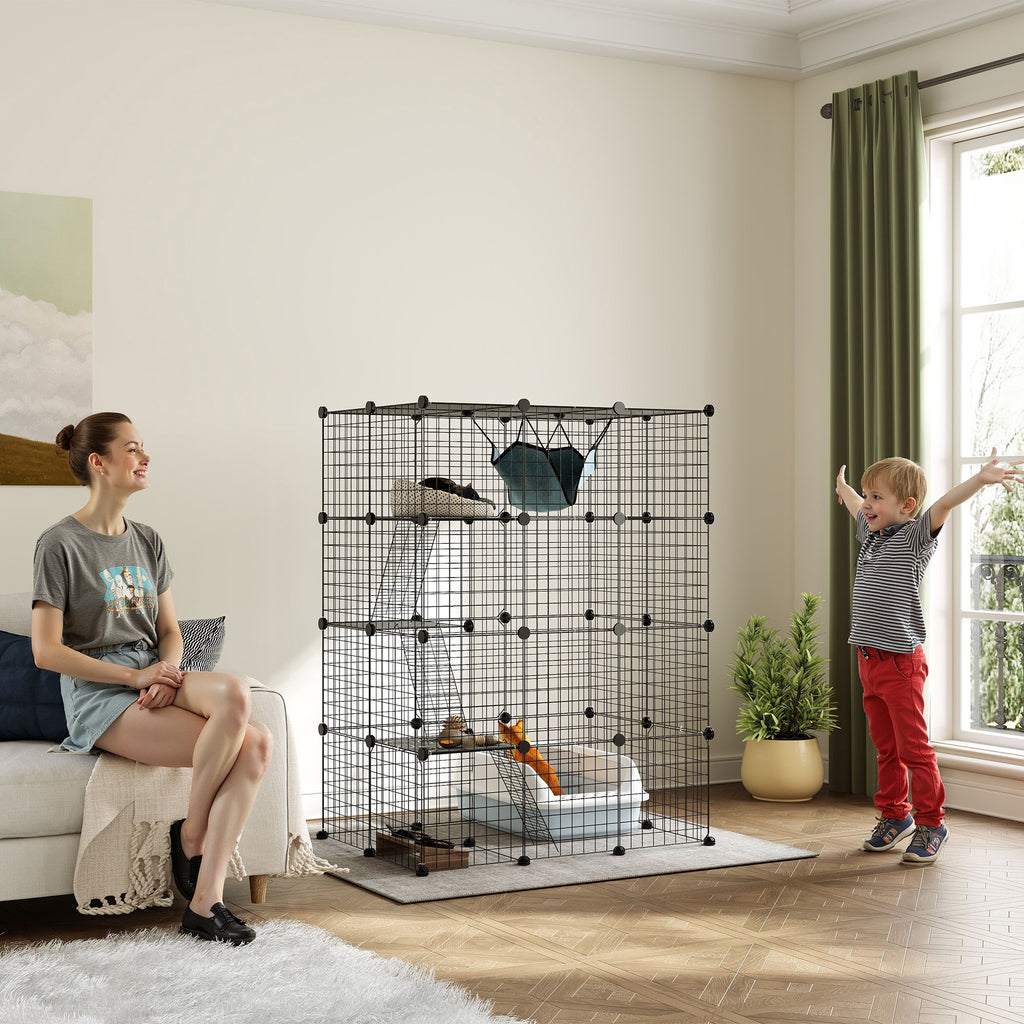 Narvas katėms 140 cm, 4 aukštų, iš 49 plokščių, su 5 durelėmis, hamaku, rampomis ir platformomis, juodas