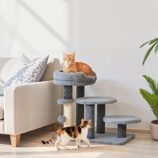 Kaķu māja ar pakāpieniem, plata pamatne, plīša audums, sizala skrāpējamais stabs, pelēks