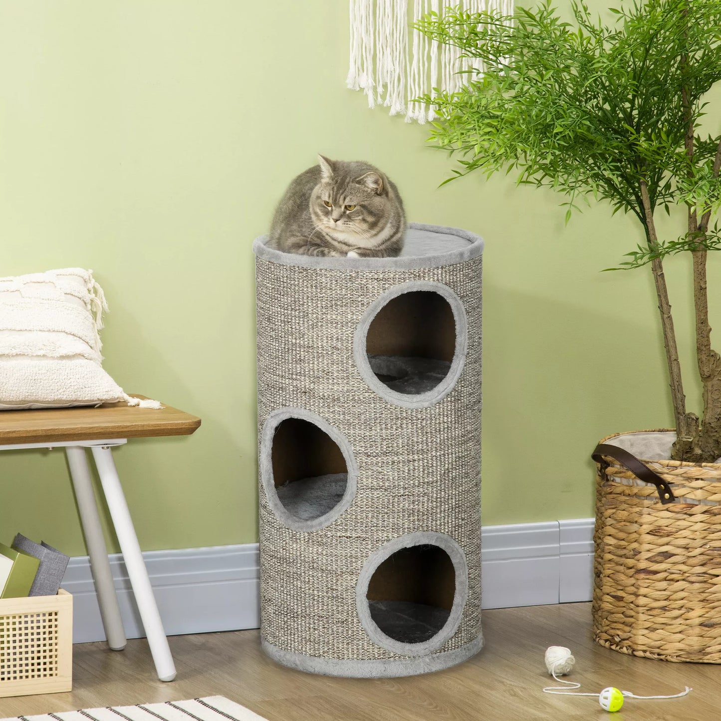 Kaķu skrāpējamais stabs ar 3 līmeņiem, ieskaitot sizala virves skrāpējamo virsmu, kaķu skrāpējamais stabs, 38 cm x 38 cm x 70 cm, gaiši pelēks